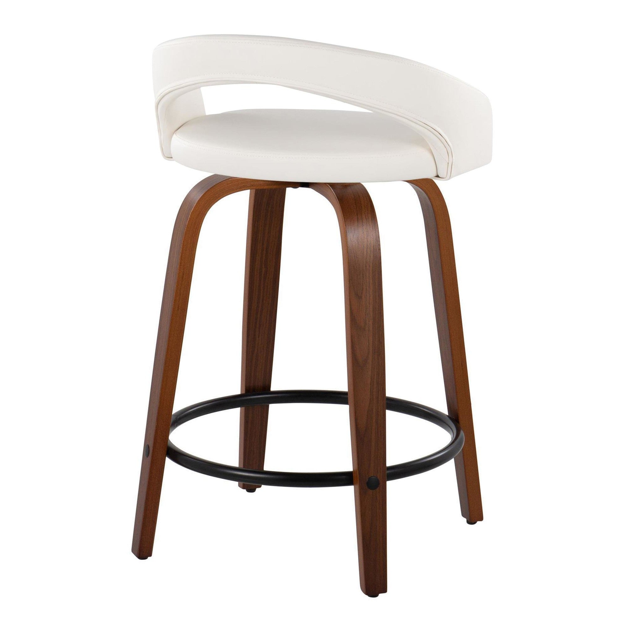Grotto Upholstered 24" Fixed-Height Counter Stool - Set of 2 - Walnut Wood, White PU, Black Metal