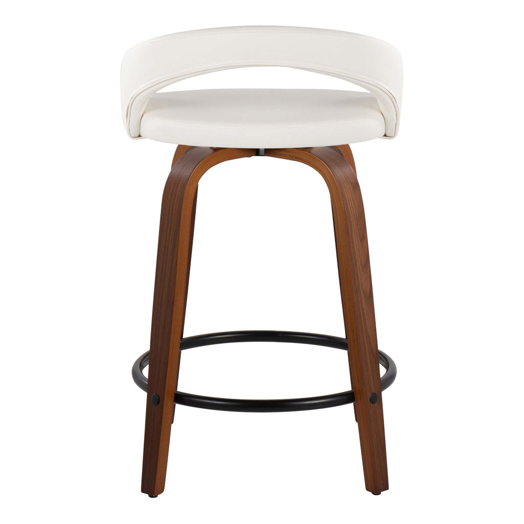 Grotto Upholstered 24" Fixed-Height Counter Stool - Set of 2 - Walnut Wood, White PU, Black Metal