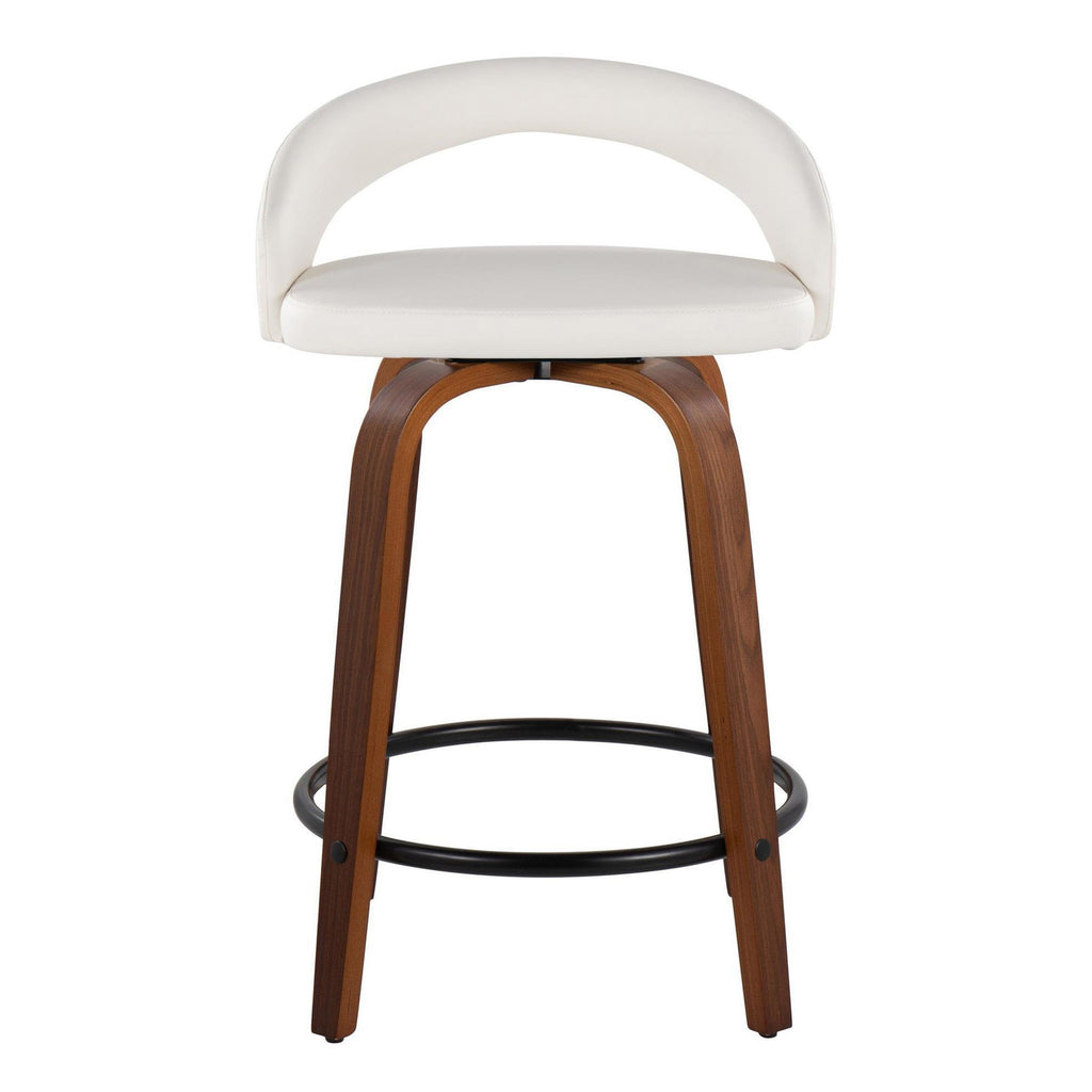 Grotto Upholstered 24" Fixed-Height Counter Stool - Set of 2 - Walnut Wood, White PU, Black Metal