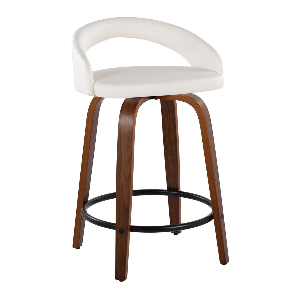 Grotto Upholstered 24" Fixed-Height Counter Stool - Set of 2 - Walnut Wood, White PU, Black Metal