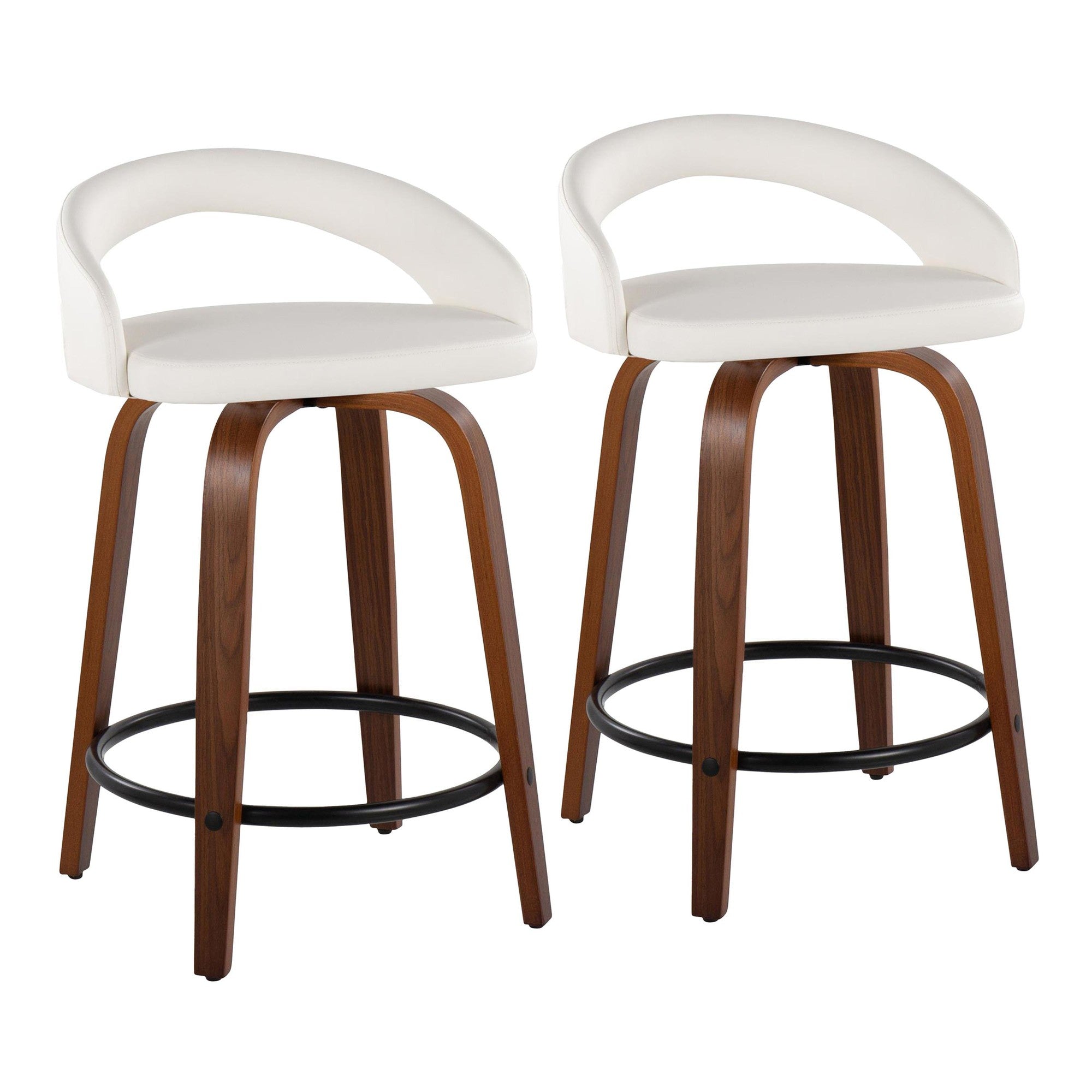 Grotto Upholstered 24" Fixed-Height Counter Stool - Set of 2 - Walnut Wood, White PU, Black Metal