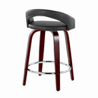 Grotto Upholstered 24" Fixed-Height Counter Stool - Set of 2 - Mahogany Wood, Black PU, Chrome Metal