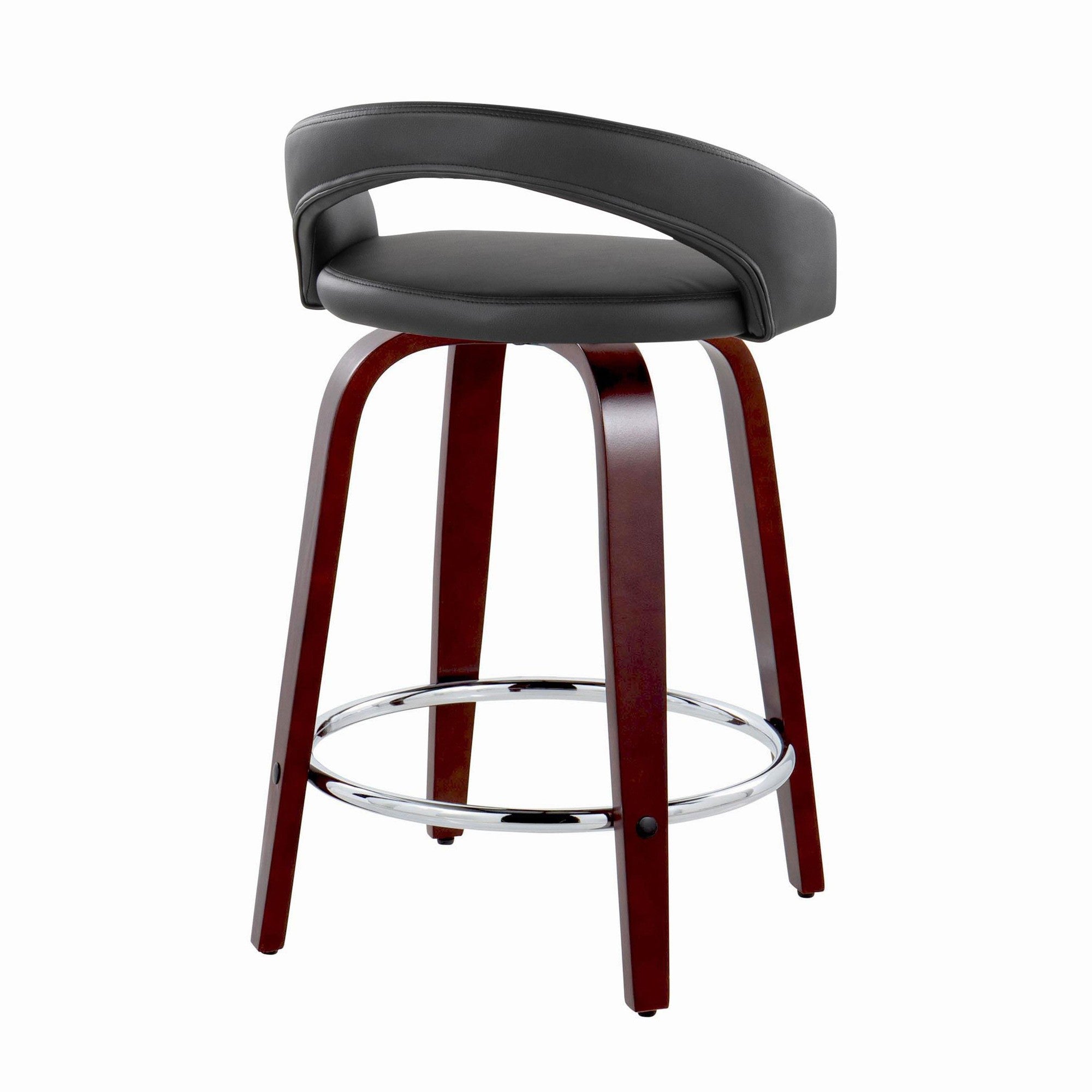 Grotto Upholstered 24" Fixed-Height Counter Stool - Set of 2 - Mahogany Wood, Black PU, Chrome Metal
