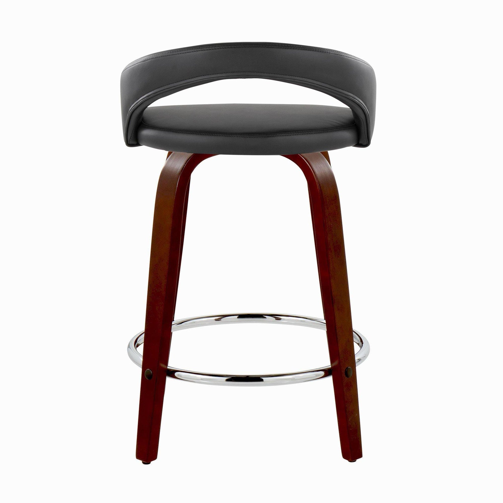 Grotto Upholstered 24" Fixed-Height Counter Stool - Set of 2 - Mahogany Wood, Black PU, Chrome Metal