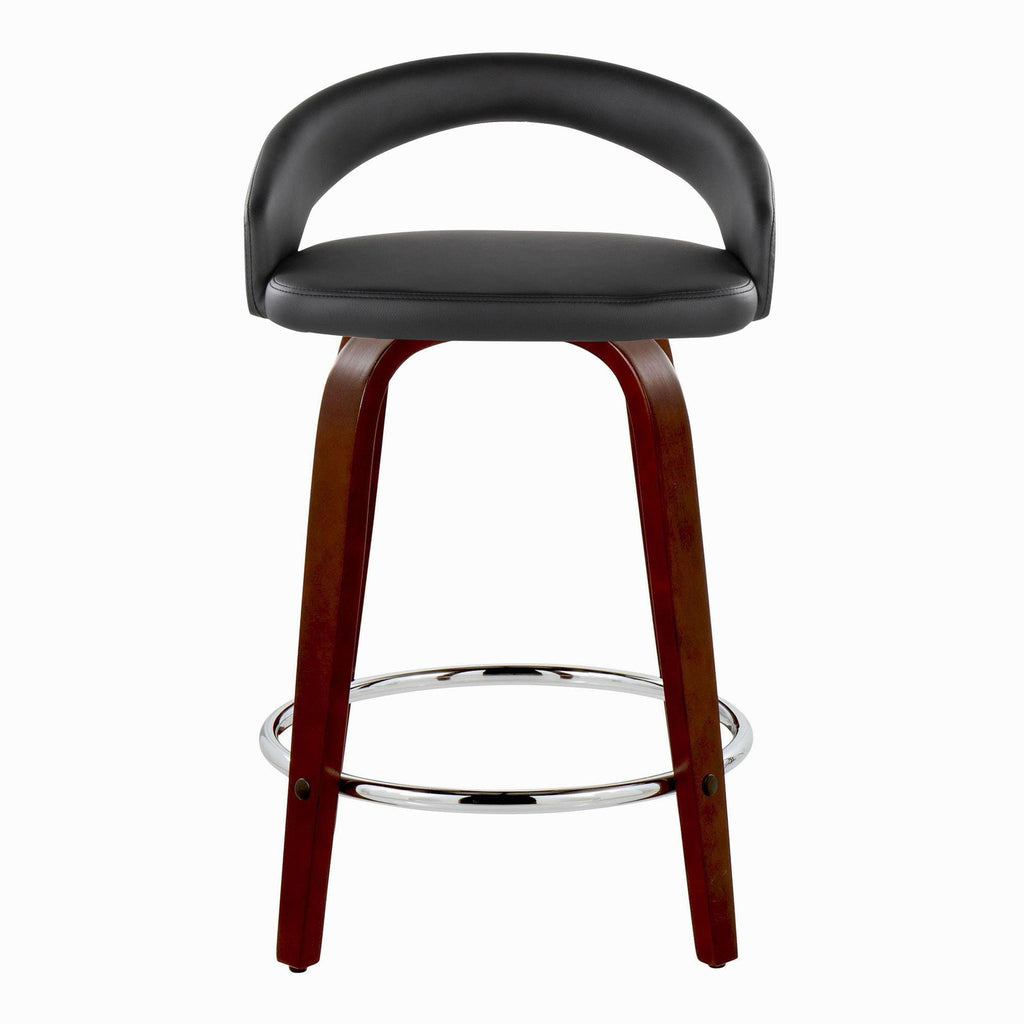 Grotto Upholstered 24" Fixed-Height Counter Stool - Set of 2 - Mahogany Wood, Black PU, Chrome Metal