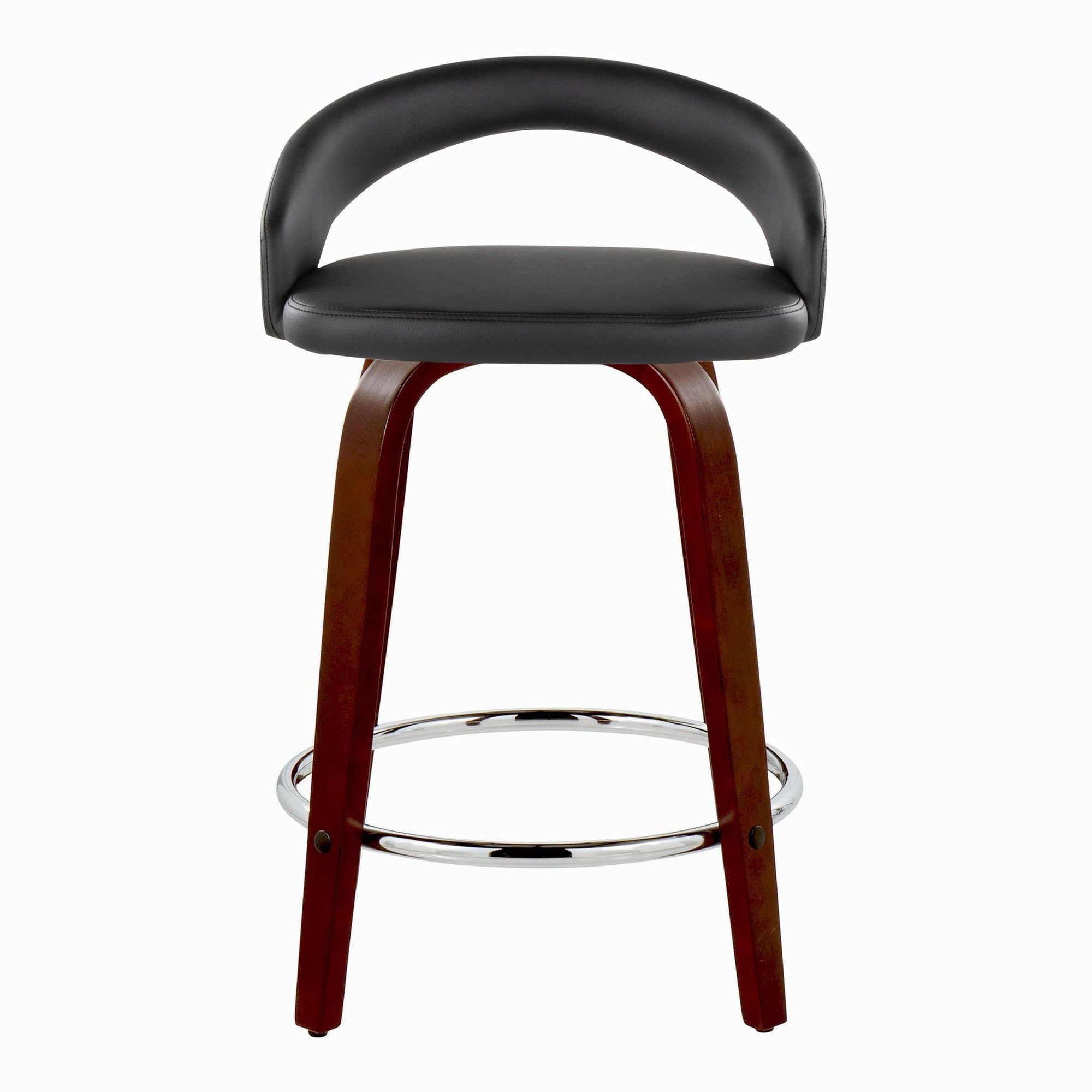 Grotto Upholstered 24" Fixed-Height Counter Stool - Set of 2 - Mahogany Wood, Black PU, Chrome Metal