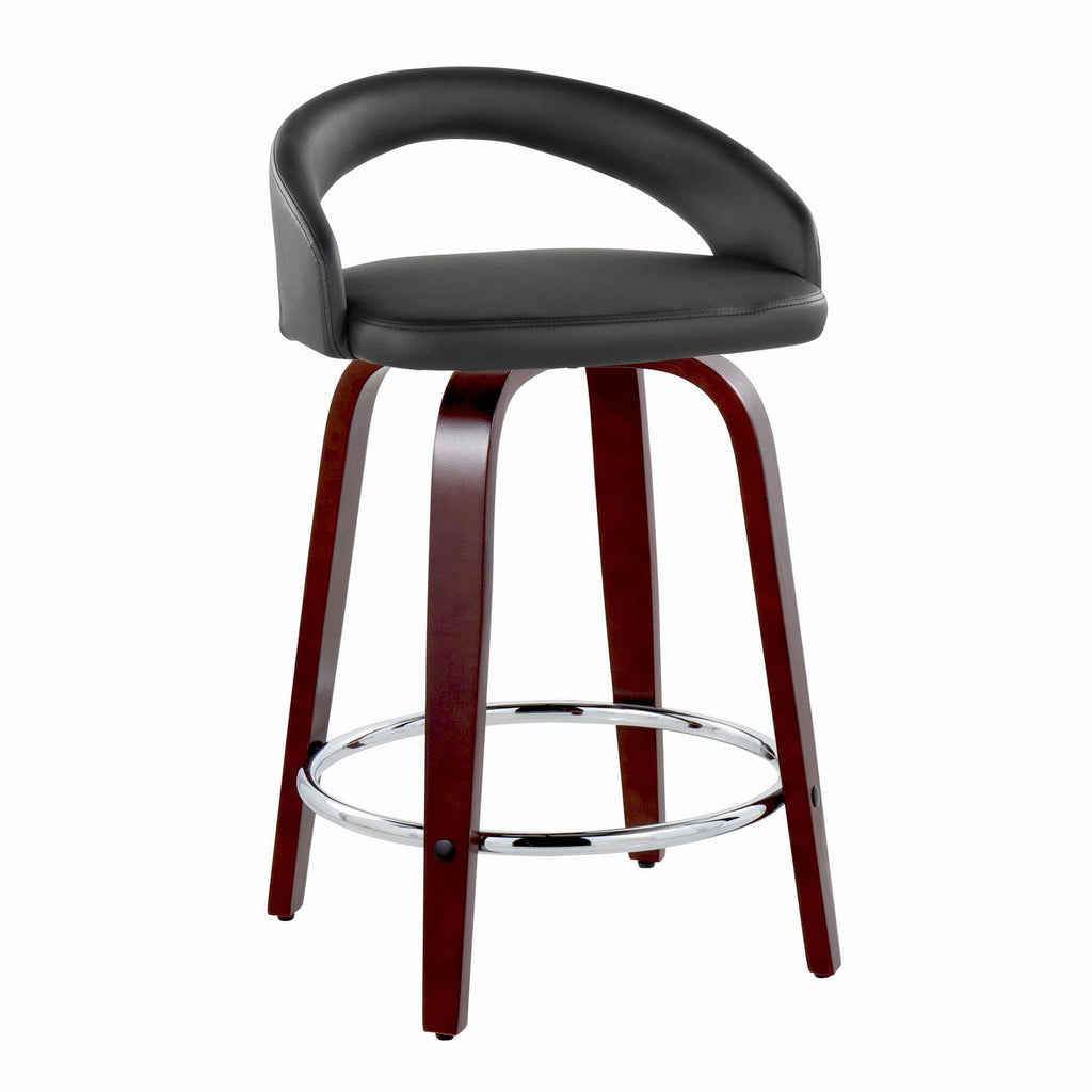 Grotto Upholstered 24" Fixed-Height Counter Stool - Set of 2 - Mahogany Wood, Black PU, Chrome Metal