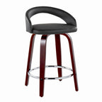 Grotto Upholstered 24" Fixed-Height Counter Stool - Set of 2 - Mahogany Wood, Black PU, Chrome Metal