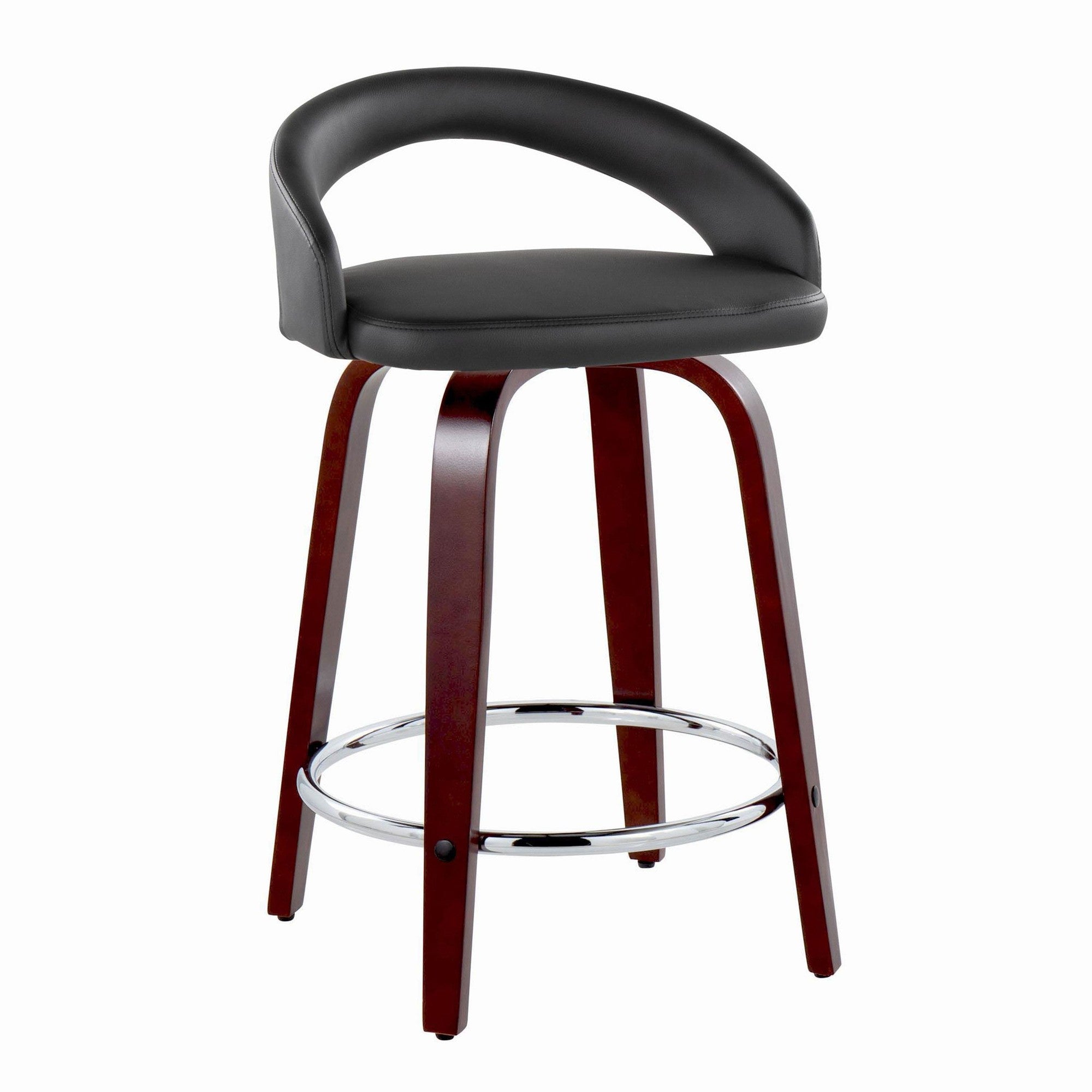 Grotto Upholstered 24" Fixed-Height Counter Stool - Set of 2 - Mahogany Wood, Black PU, Chrome Metal