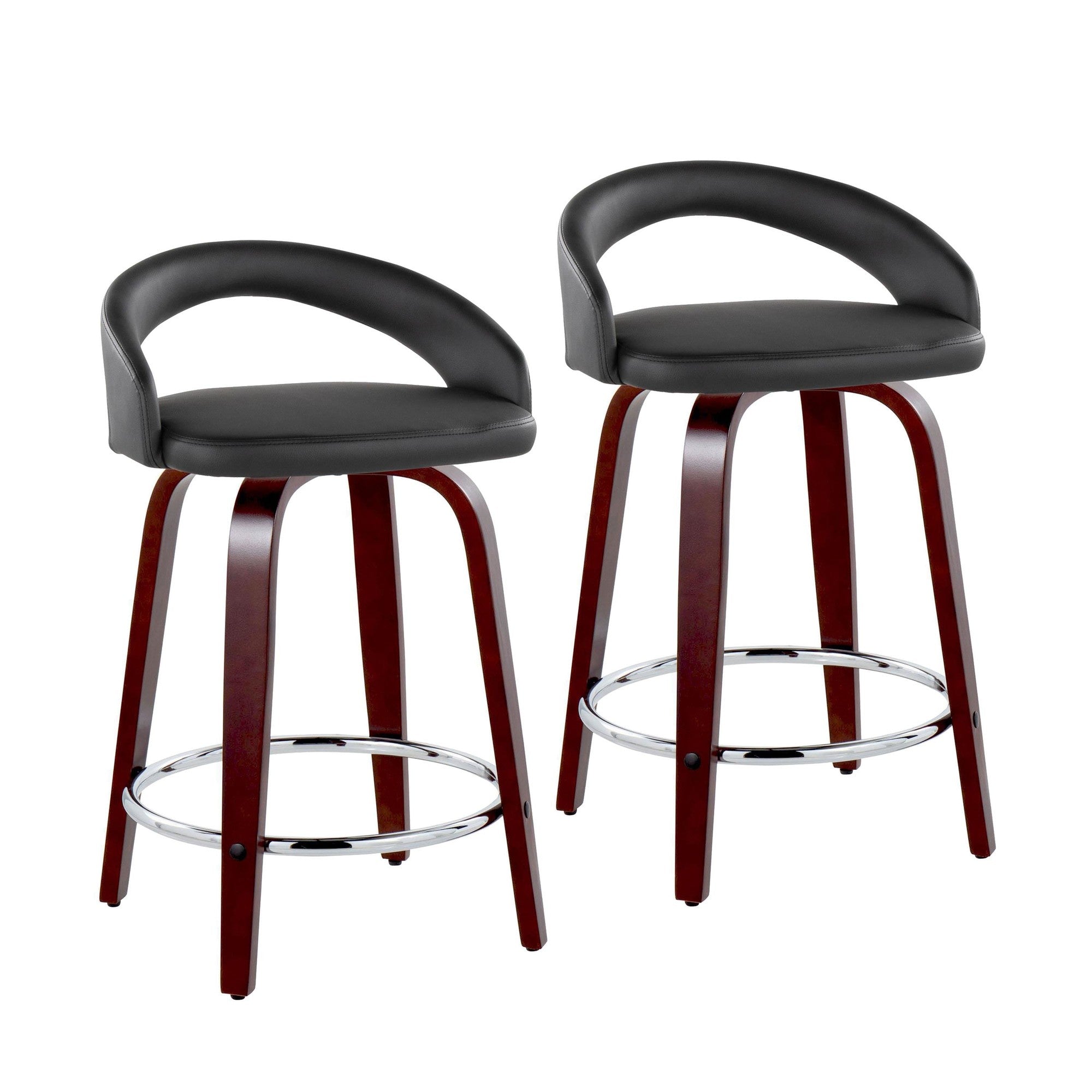 Grotto Upholstered 24" Fixed-Height Counter Stool - Set of 2 - Mahogany Wood, Black PU, Chrome Metal