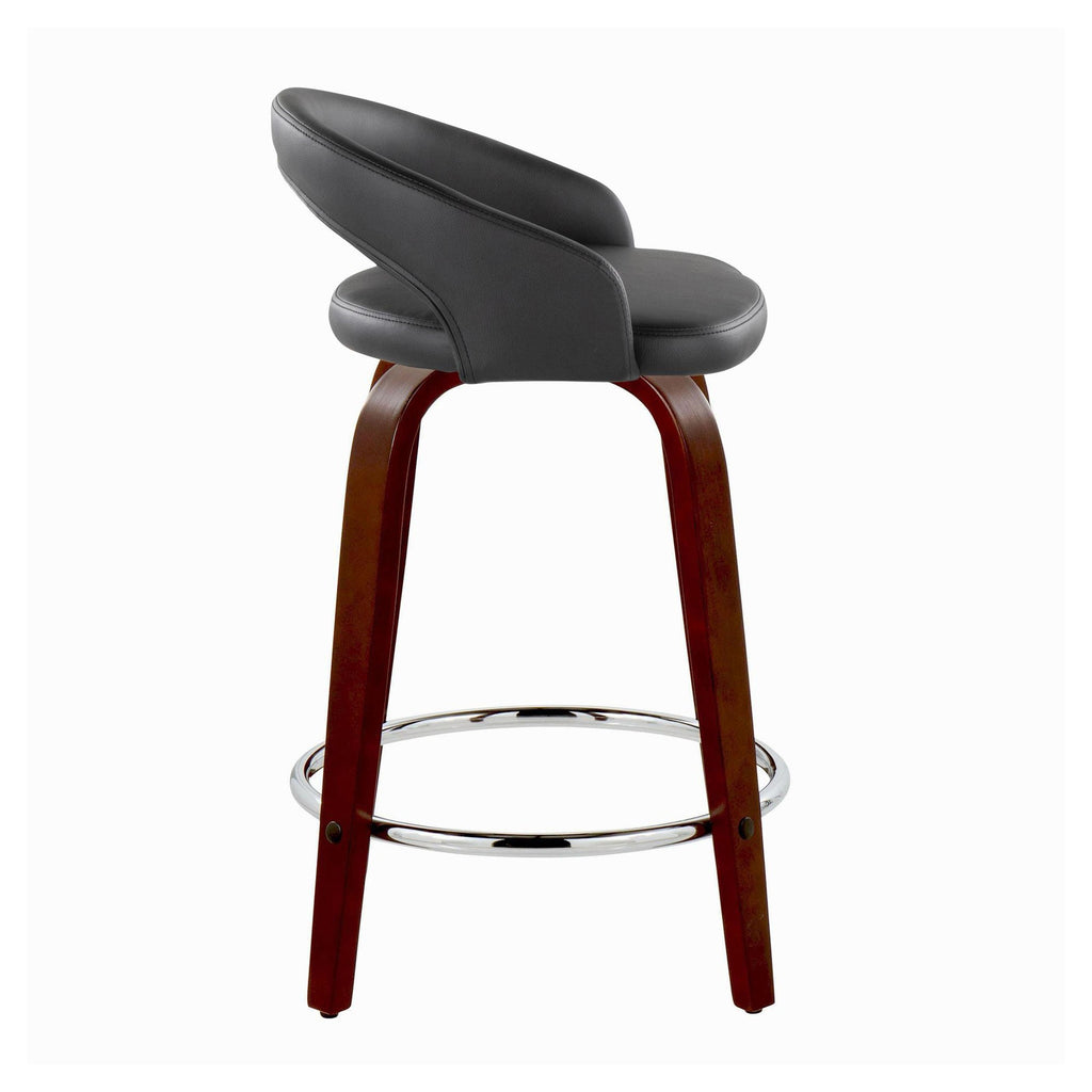 Grotto Upholstered 24" Fixed-Height Counter Stool - Set of 2 - Mahogany Wood, Black PU, Chrome Metal