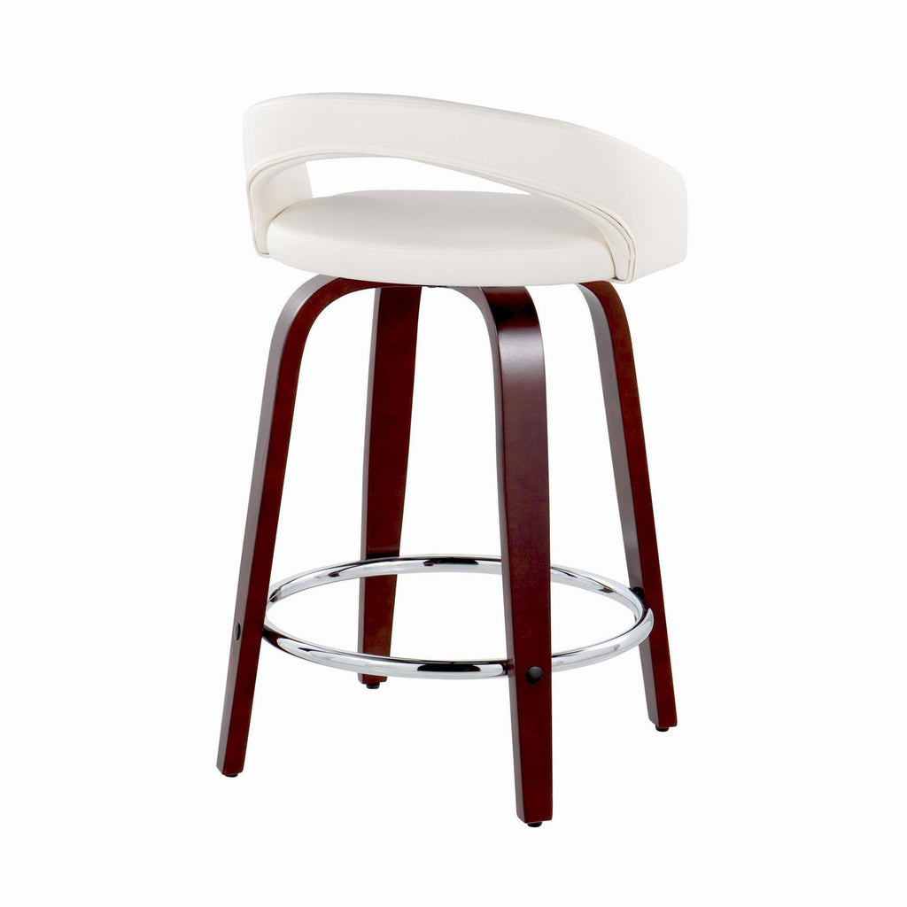 Grotto Upholstered 24" Fixed-Height Counter Stool - Set of 2 - Mahogany Wod, White PU, Chrome Metal