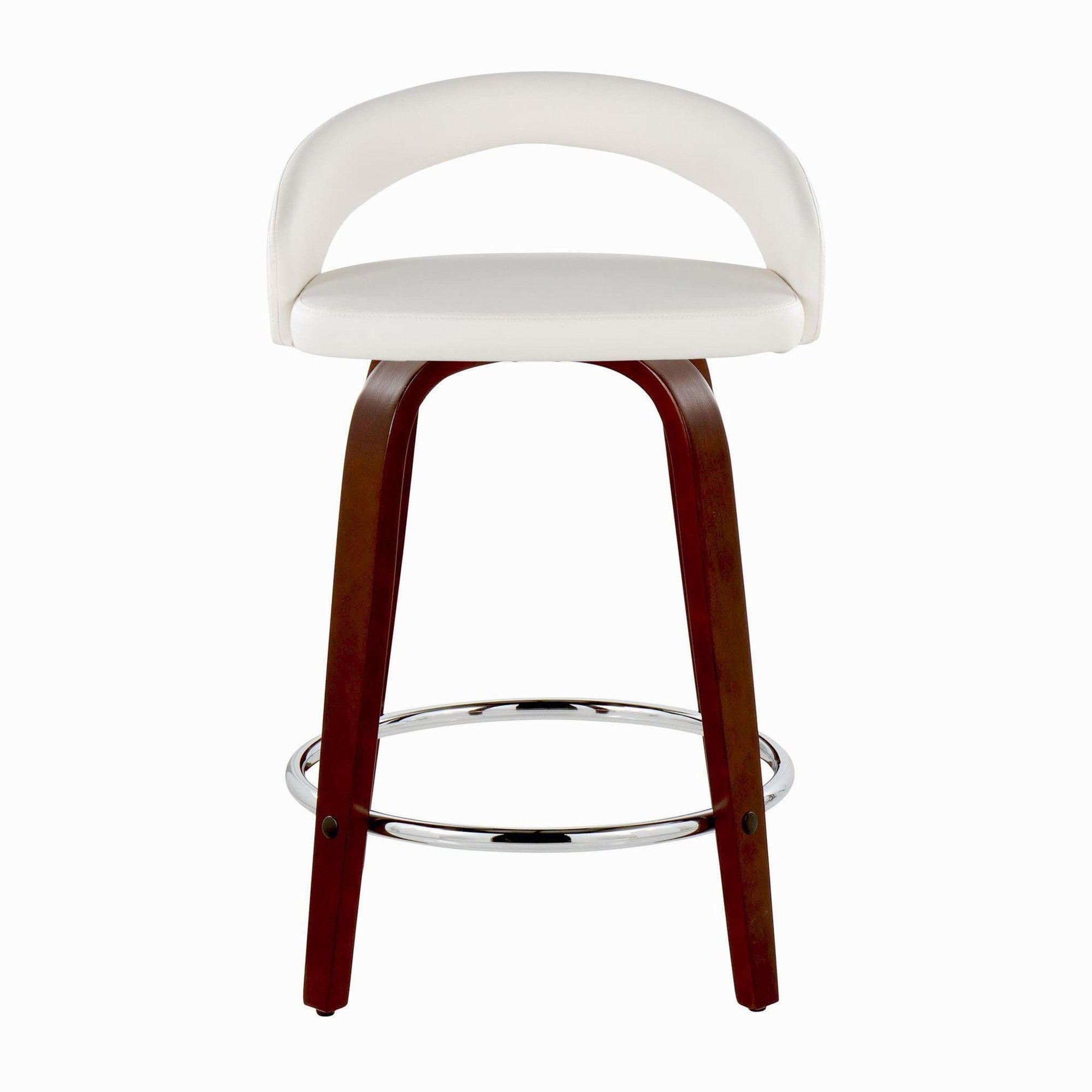 Grotto Upholstered 24" Fixed-Height Counter Stool - Set of 2 - Mahogany Wod, White PU, Chrome Metal