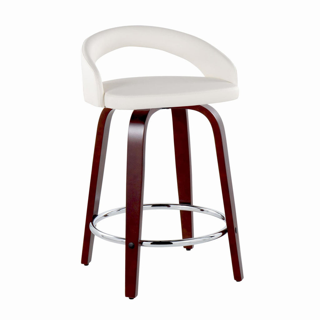 Grotto Upholstered 24" Fixed-Height Counter Stool - Set of 2 - Mahogany Wod, White PU, Chrome Metal