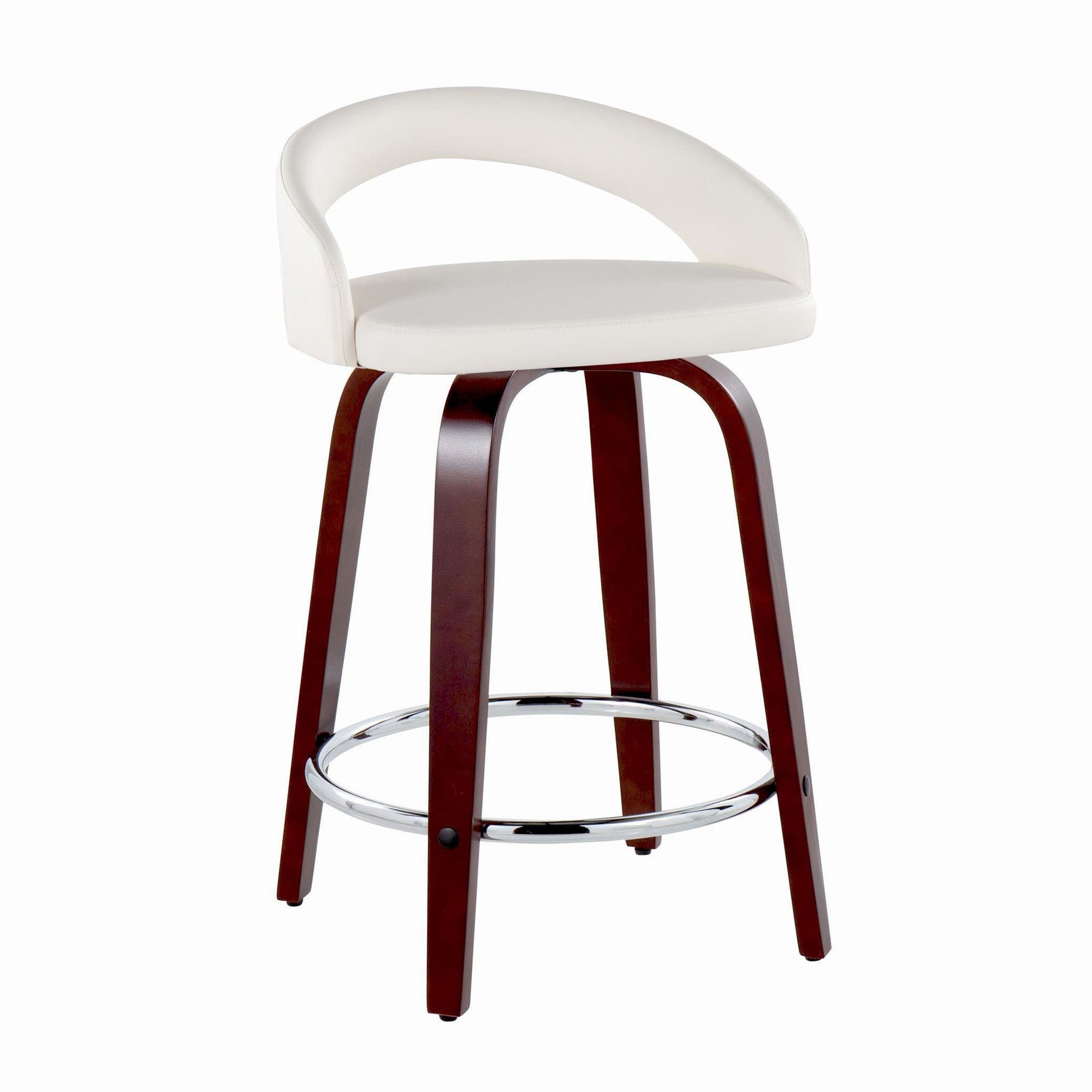 Grotto Upholstered 24" Fixed-Height Counter Stool - Set of 2 - Mahogany Wod, White PU, Chrome Metal