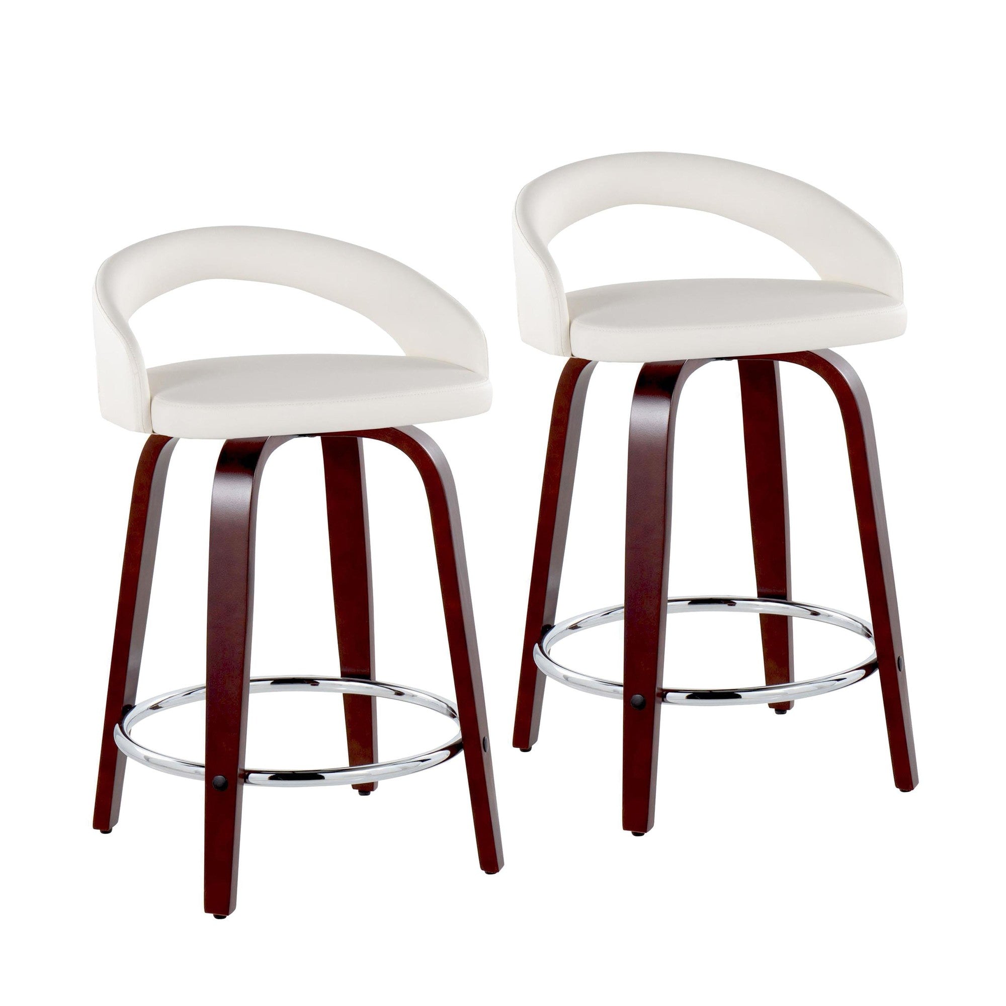 Grotto Upholstered 24" Fixed-Height Counter Stool - Set of 2 - Mahogany Wod, White PU, Chrome Metal