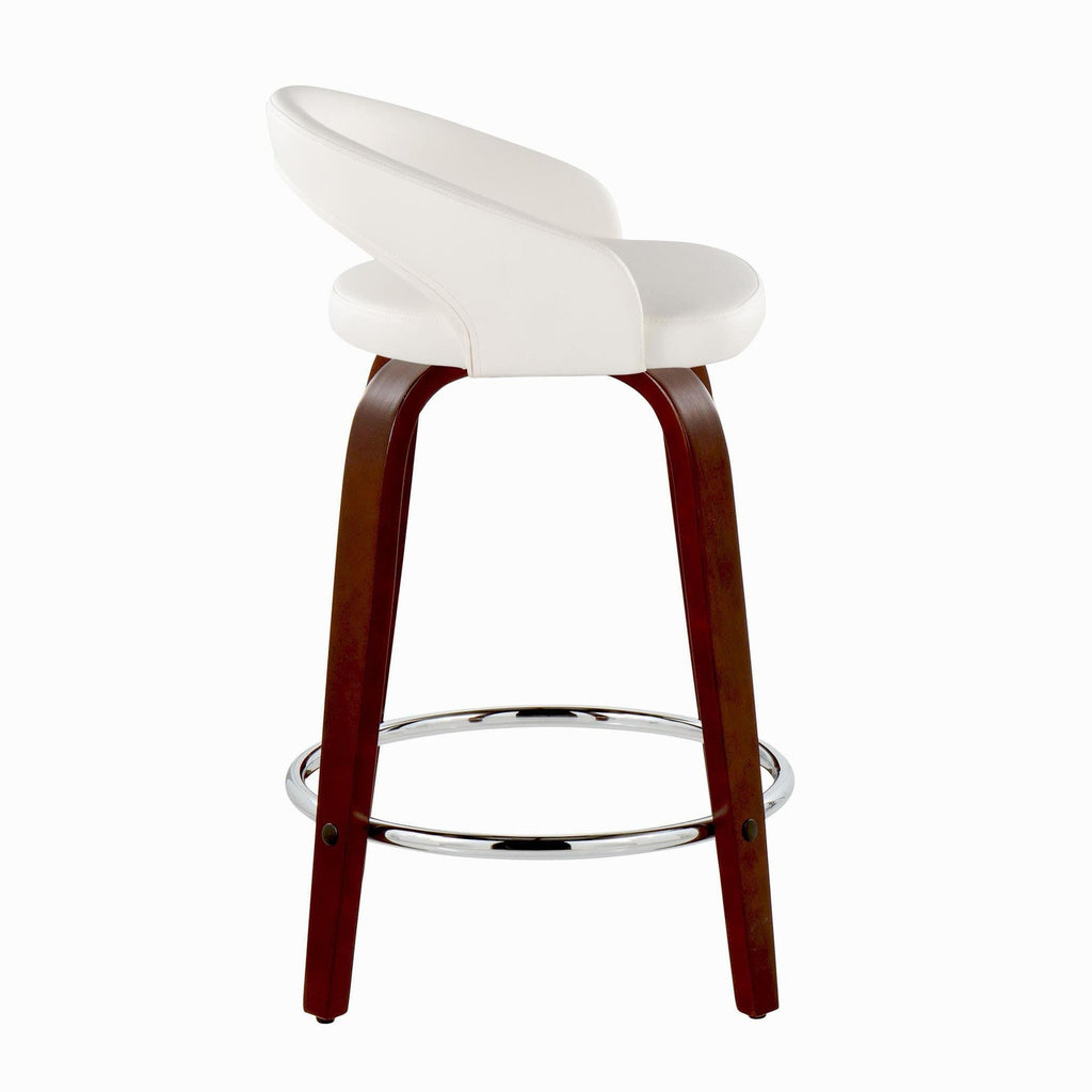 Grotto Upholstered 24" Fixed-Height Counter Stool - Set of 2 - Mahogany Wod, White PU, Chrome Metal