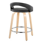 Grotto Upholstered 24" Fixed-Height Counter Stool - Set of 2 - Natural Wood, Black PU, Chrome Metal