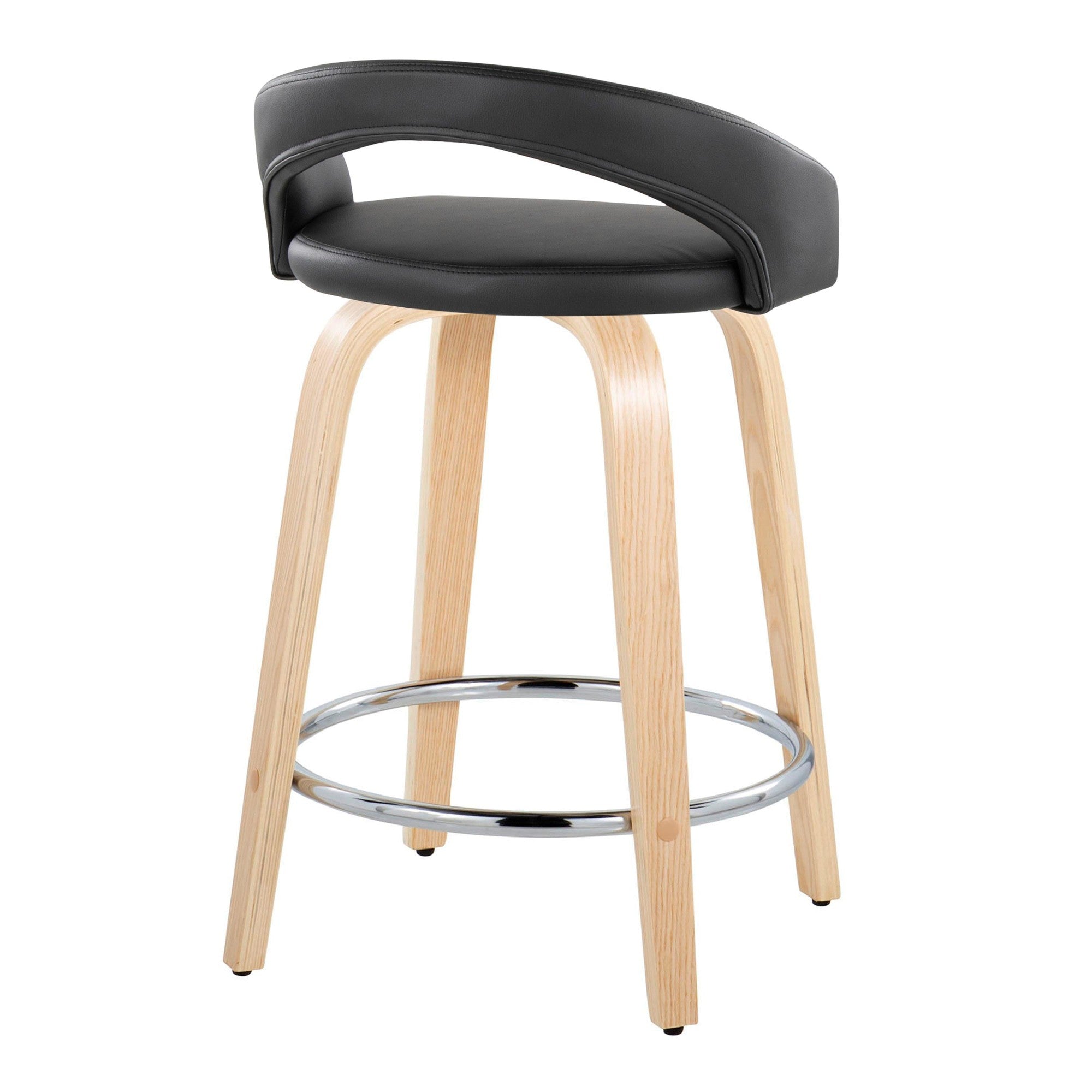 Grotto Upholstered 24" Fixed-Height Counter Stool - Set of 2 - Natural Wood, Black PU, Chrome Metal
