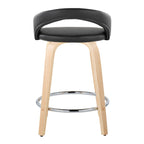 Grotto Upholstered 24" Fixed-Height Counter Stool - Set of 2 - Natural Wood, Black PU, Chrome Metal