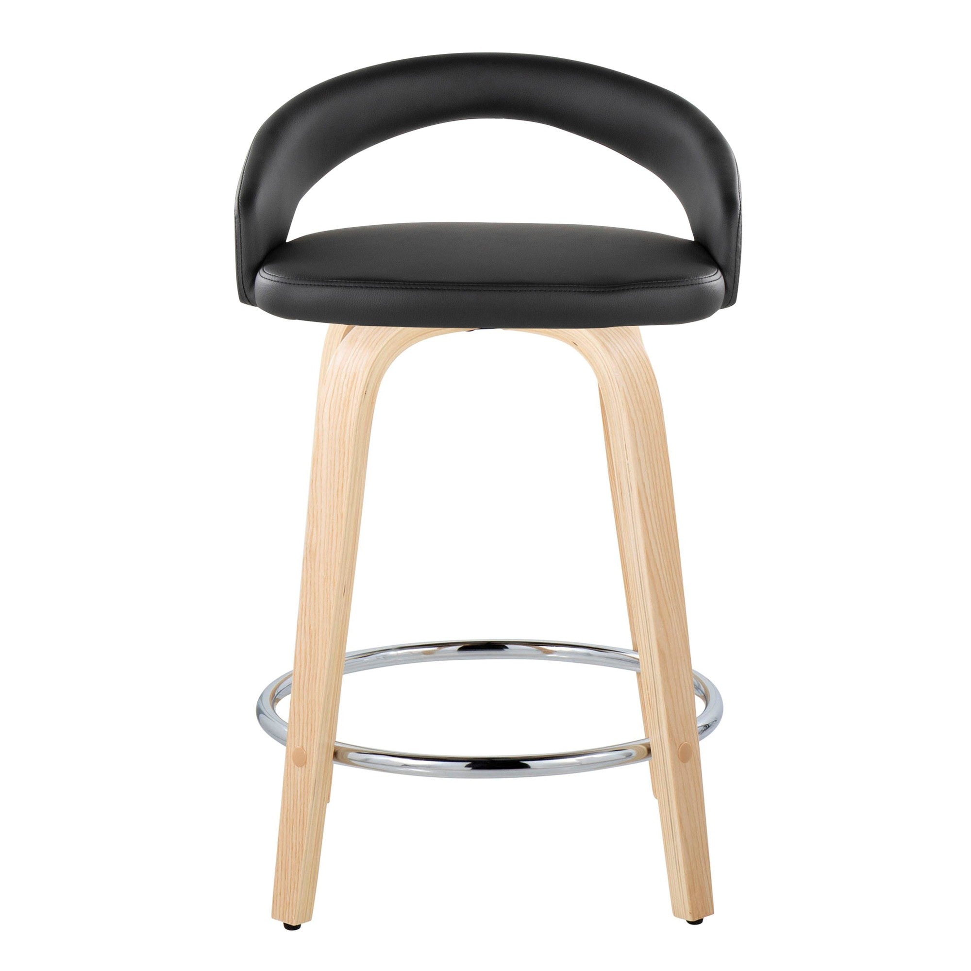 Grotto Upholstered 24" Fixed-Height Counter Stool - Set of 2 - Natural Wood, Black PU, Chrome Metal