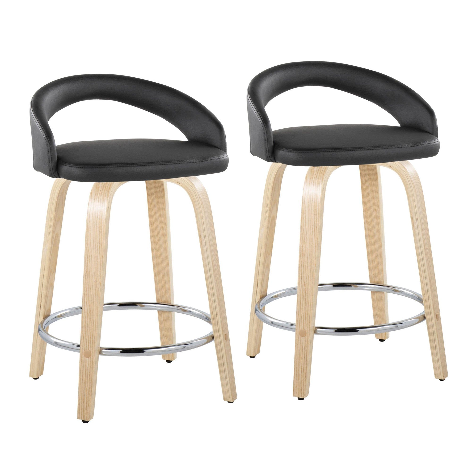 Grotto Upholstered 24" Fixed-Height Counter Stool - Set of 2 - Natural Wood, Black PU, Chrome Metal