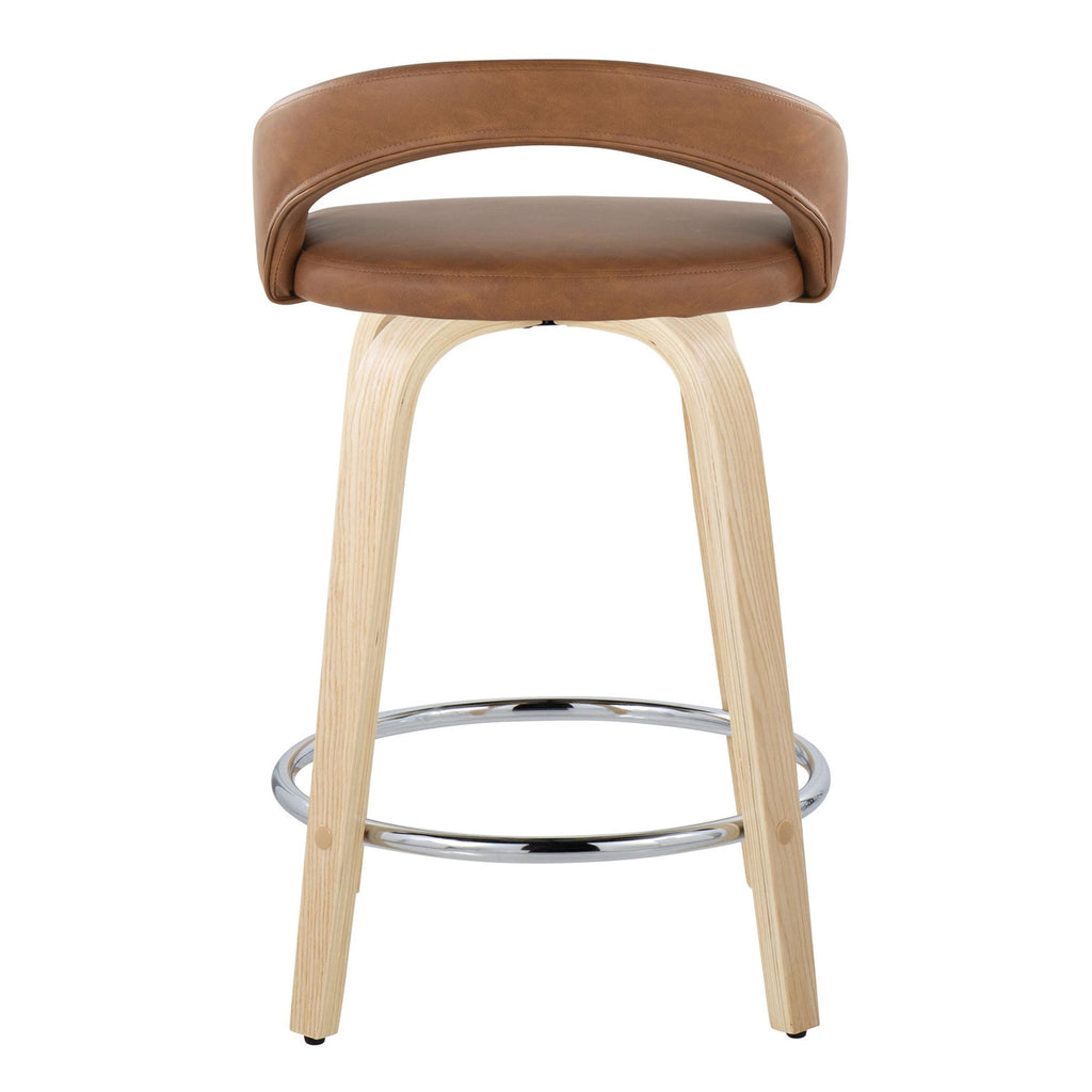 Grotto Upholstered 24" Fixed-Height Counter Stool - Set of 2 - Natural Wood, Camel PU, Chrome Metal