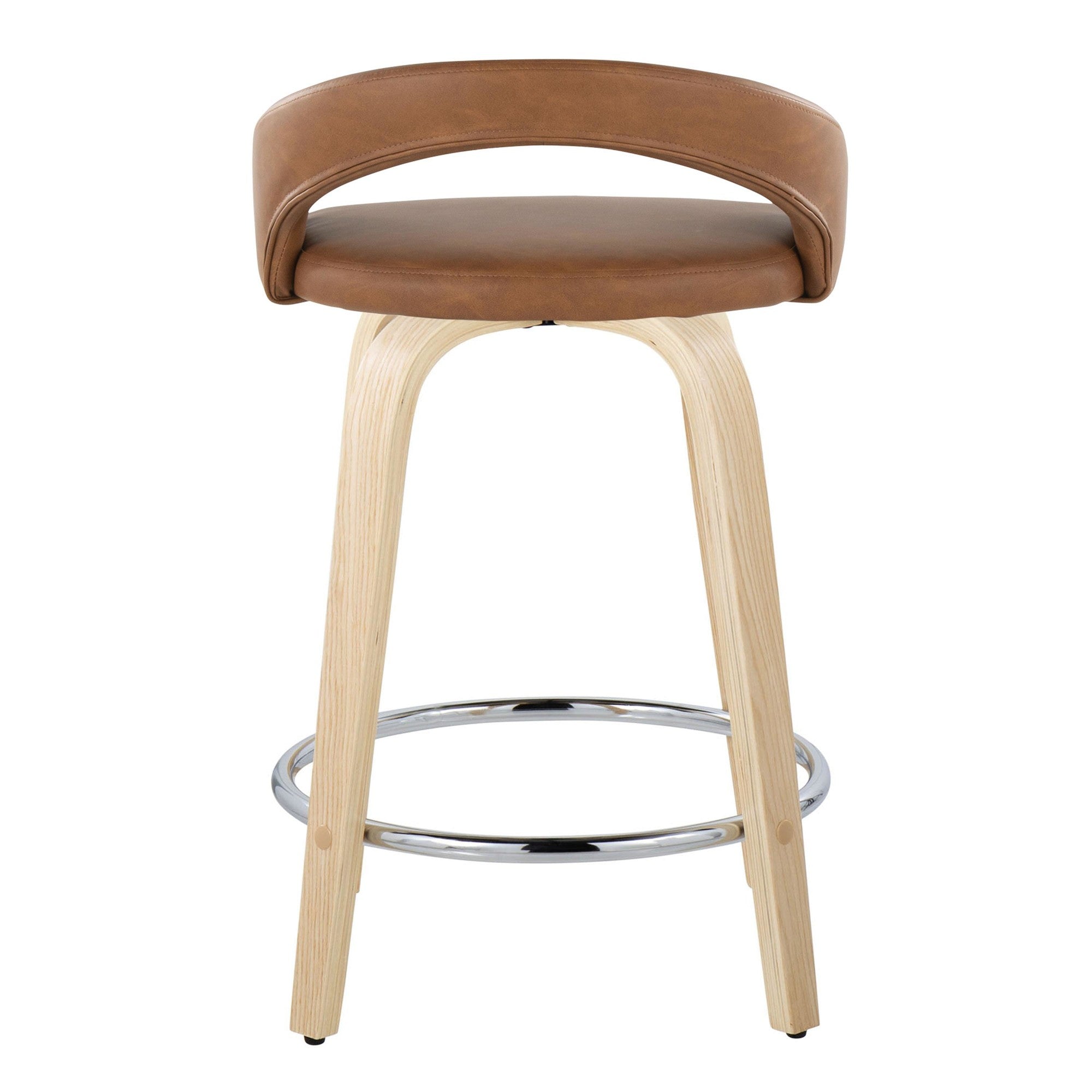 Grotto Upholstered 24" Fixed-Height Counter Stool - Set of 2 - Natural Wood, Camel PU, Chrome Metal