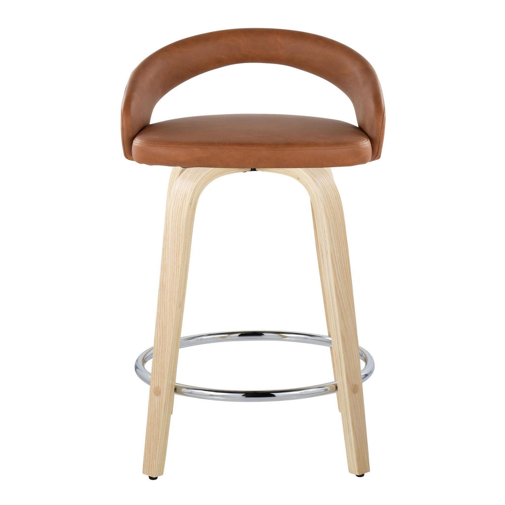 Grotto Upholstered 24" Fixed-Height Counter Stool - Set of 2 - Natural Wood, Camel PU, Chrome Metal