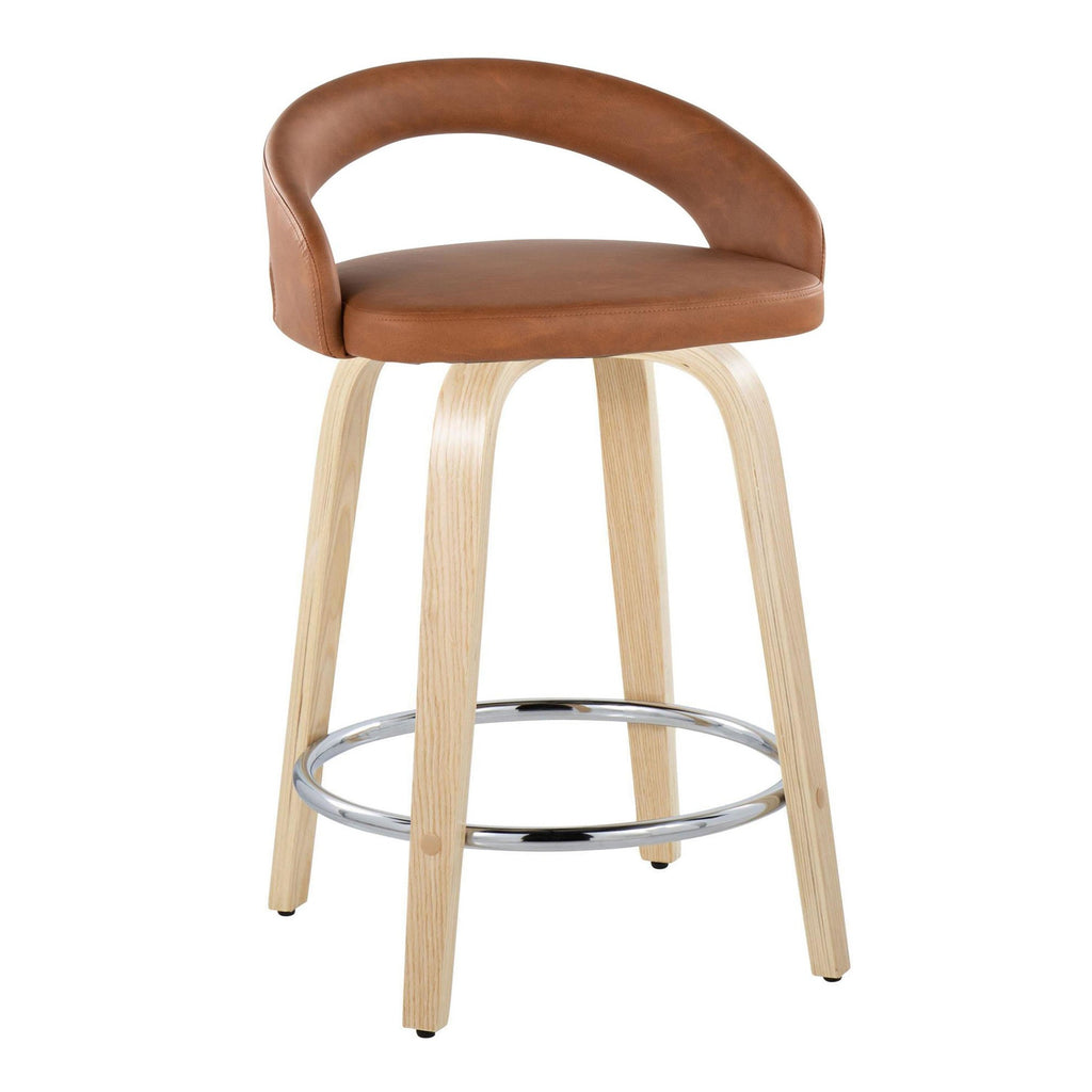 Grotto Upholstered 24" Fixed-Height Counter Stool - Set of 2 - Natural Wood, Camel PU, Chrome Metal