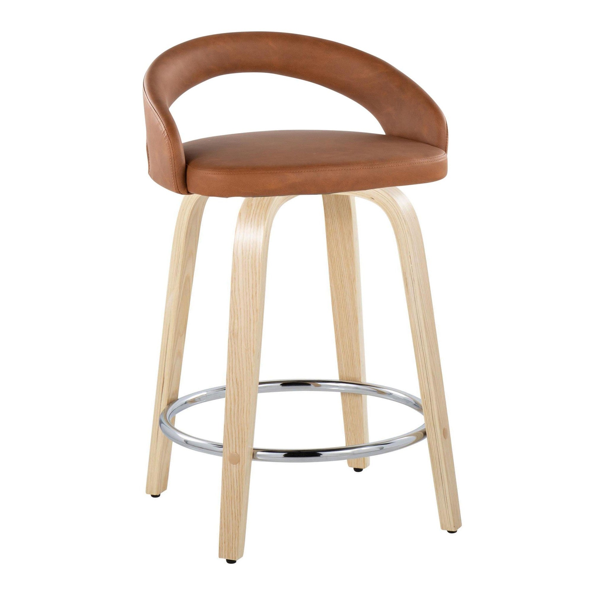 Grotto Upholstered 24" Fixed-Height Counter Stool - Set of 2 - Natural Wood, Camel PU, Chrome Metal