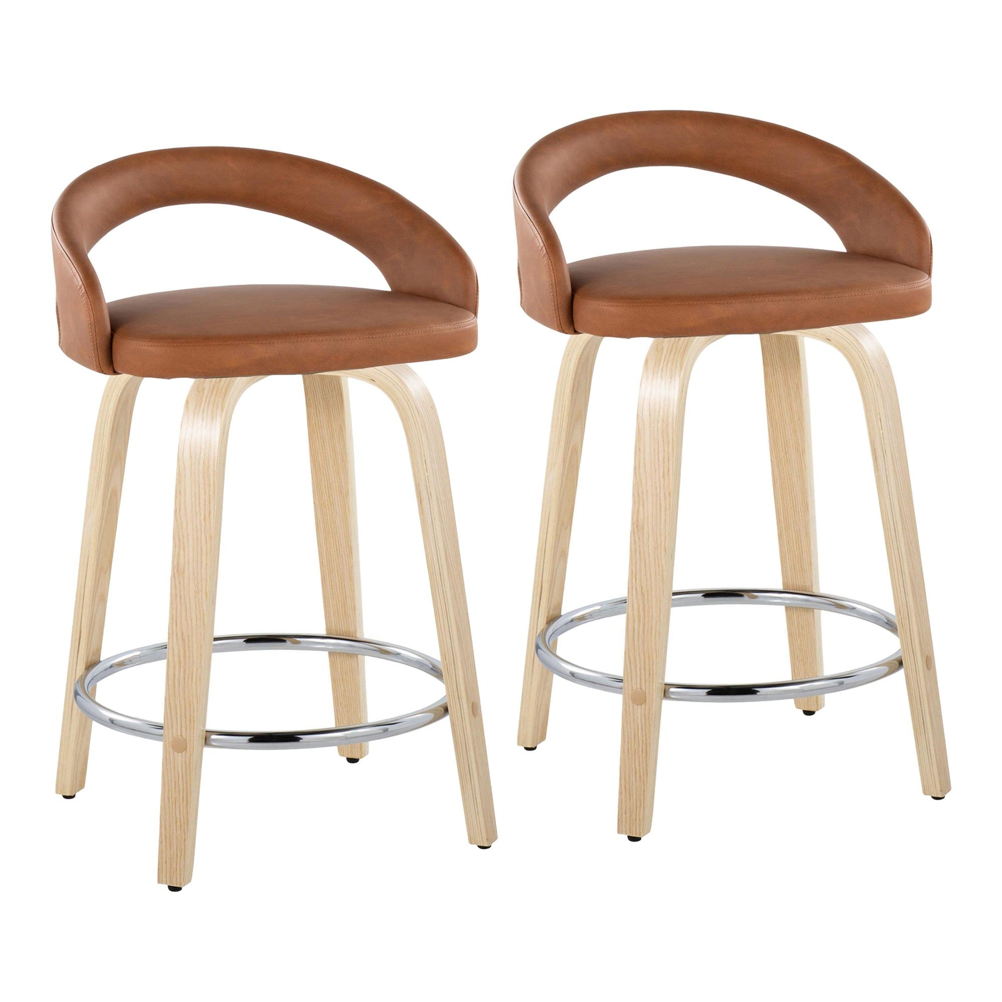 Grotto Upholstered 24" Fixed-Height Counter Stool - Set of 2 - Natural Wood, Camel PU, Chrome Metal