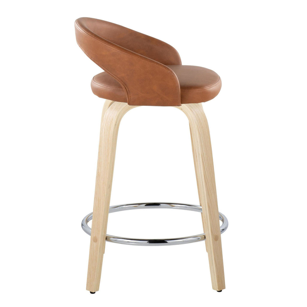 Grotto Upholstered 24" Fixed-Height Counter Stool - Set of 2 - Natural Wood, Camel PU, Chrome Metal