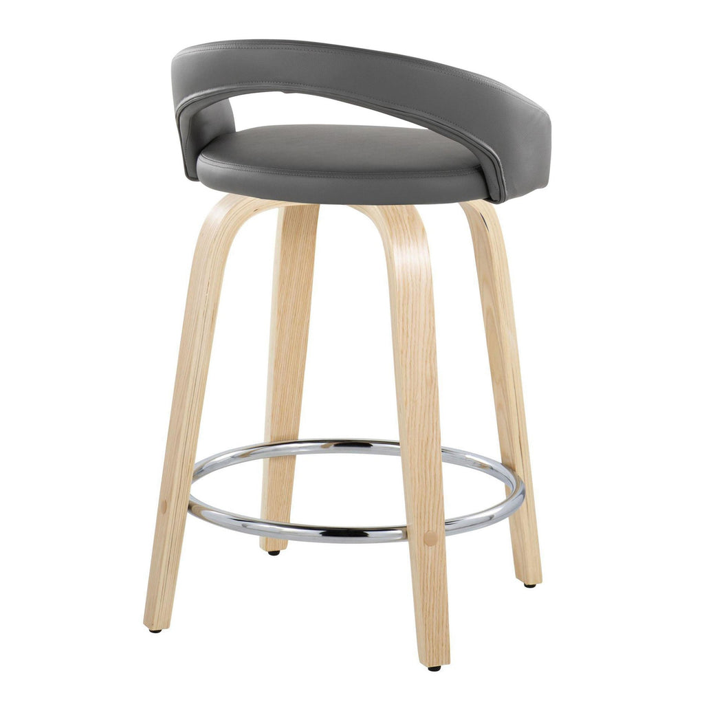 Grotto Upholstered 24" Fixed-Height Counter Stool - Set of 2 - Natural Wood, Grey PU, Chrome Metal
