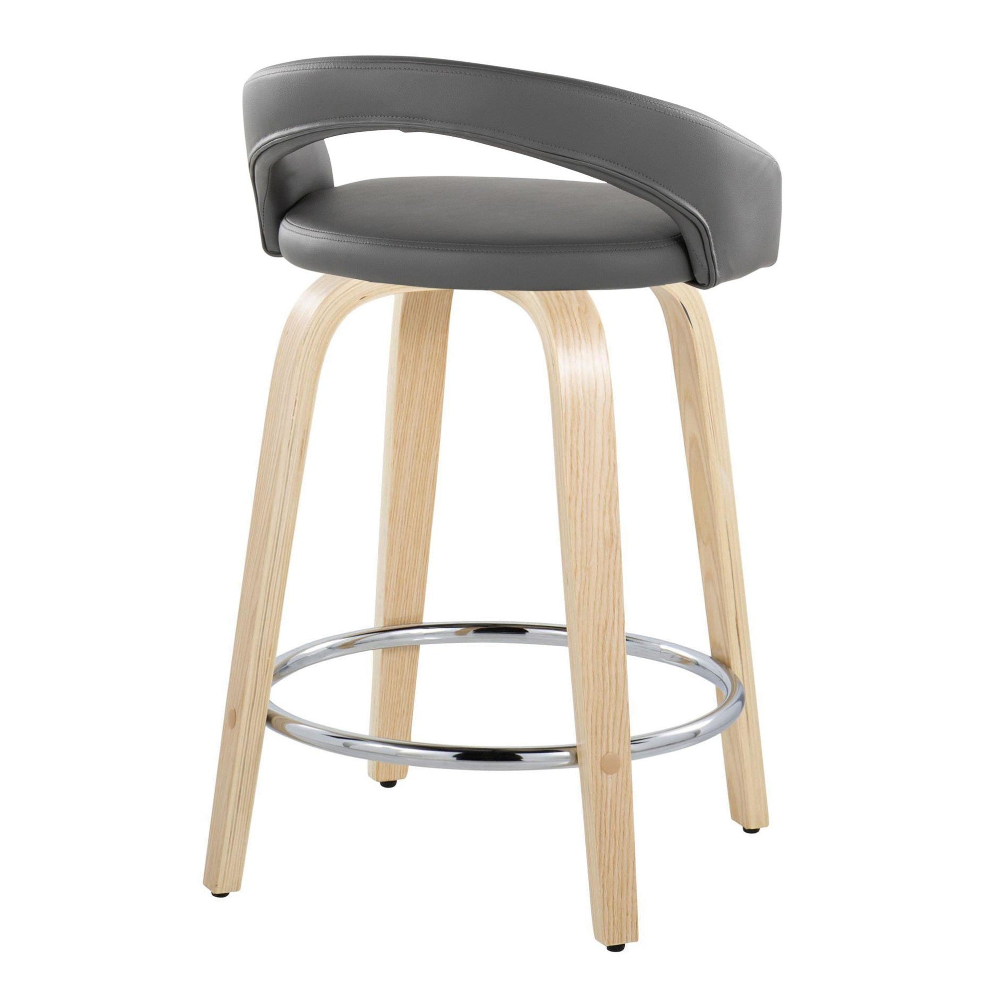 Grotto Upholstered 24" Fixed-Height Counter Stool - Set of 2 - Natural Wood, Grey PU, Chrome Metal