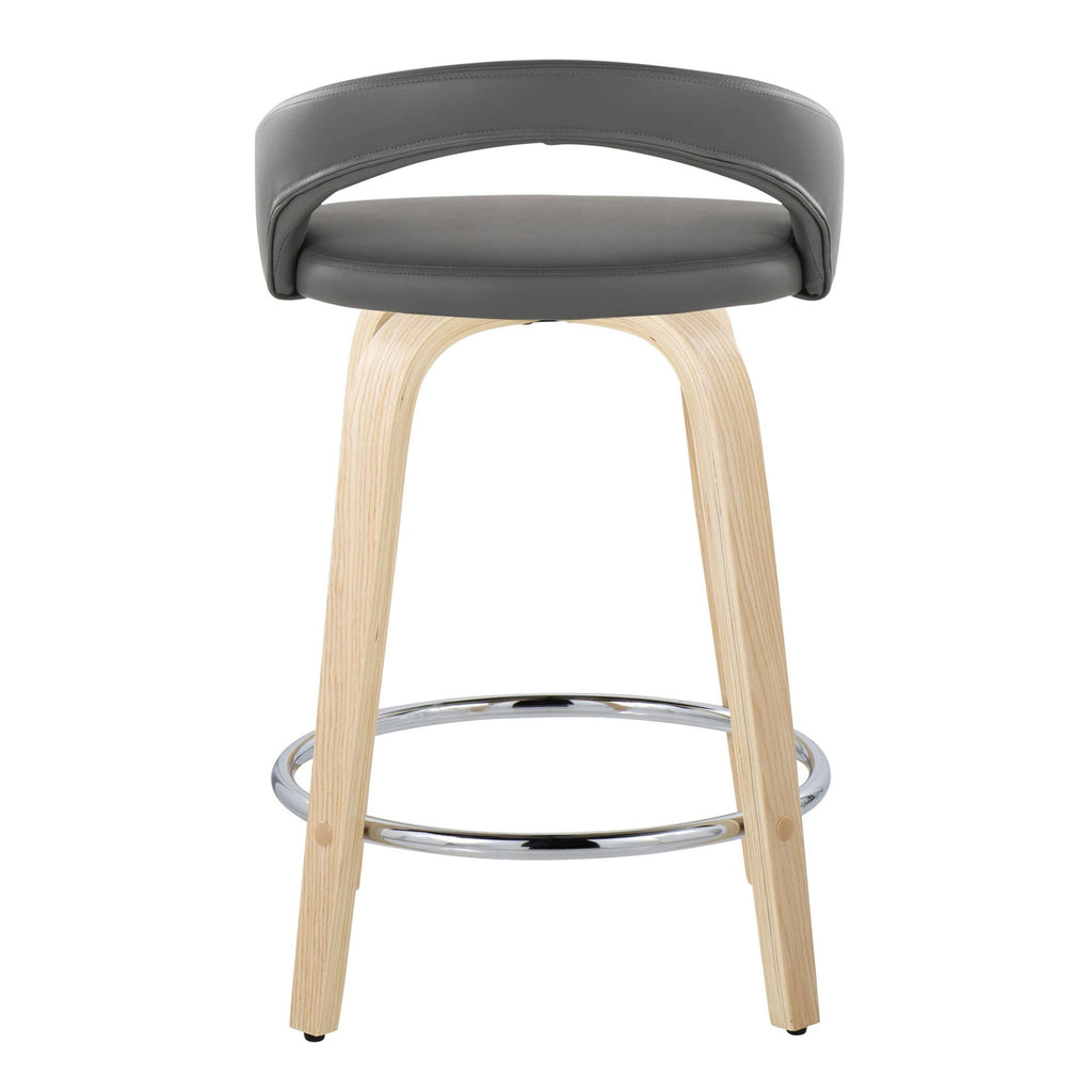 Grotto Upholstered 24" Fixed-Height Counter Stool - Set of 2 - Natural Wood, Grey PU, Chrome Metal