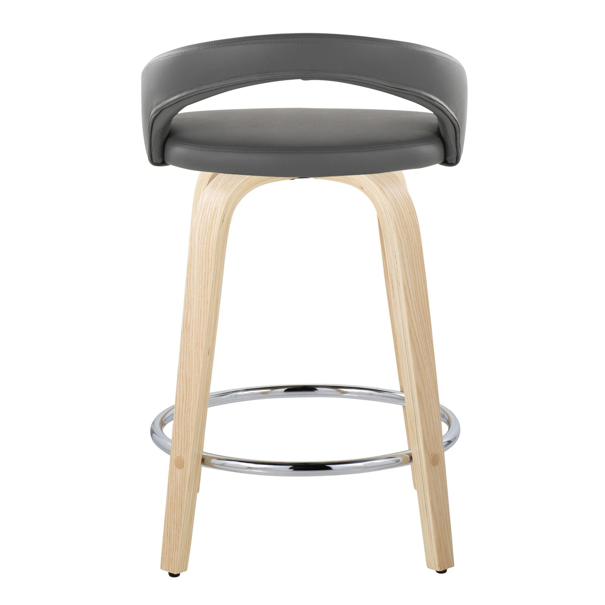 Grotto Upholstered 24" Fixed-Height Counter Stool - Set of 2 - Natural Wood, Grey PU, Chrome Metal