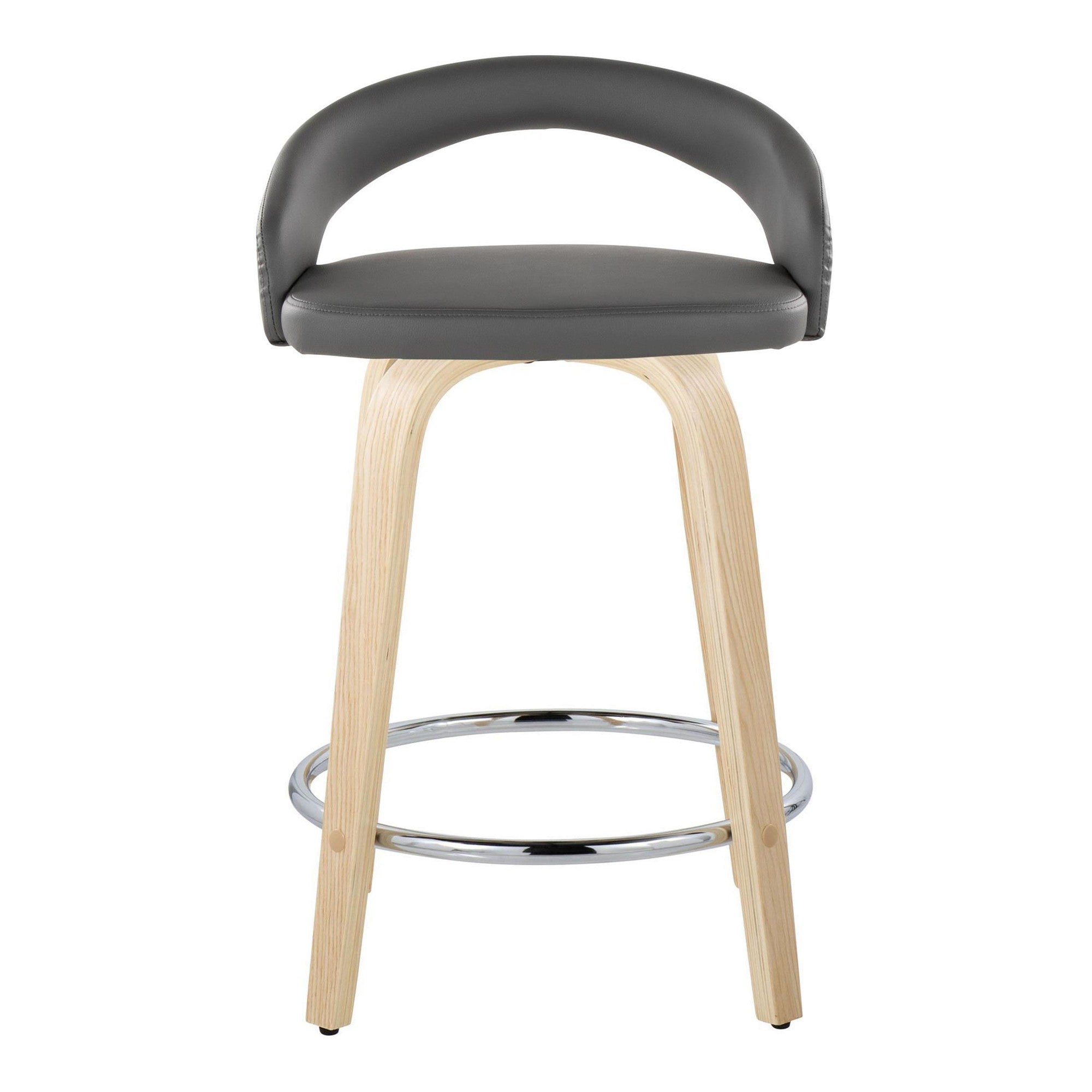 Grotto Upholstered 24" Fixed-Height Counter Stool - Set of 2 - Natural Wood, Grey PU, Chrome Metal