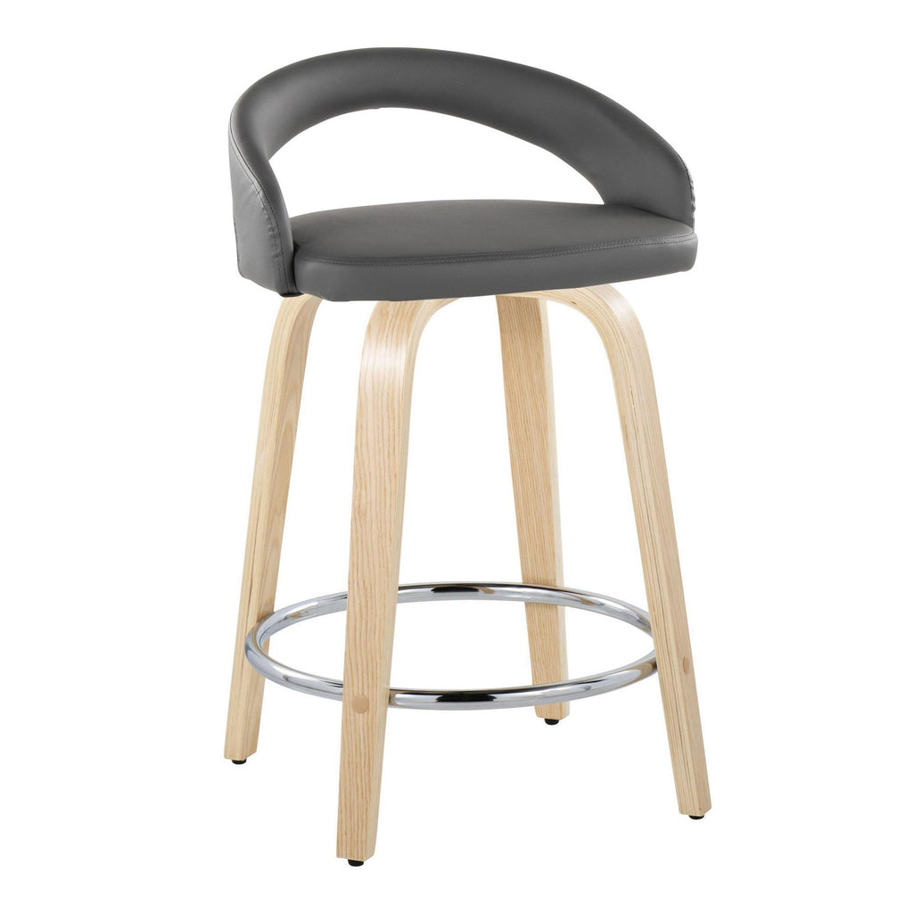Grotto Upholstered 24" Fixed-Height Counter Stool - Set of 2 - Natural Wood, Grey PU, Chrome Metal