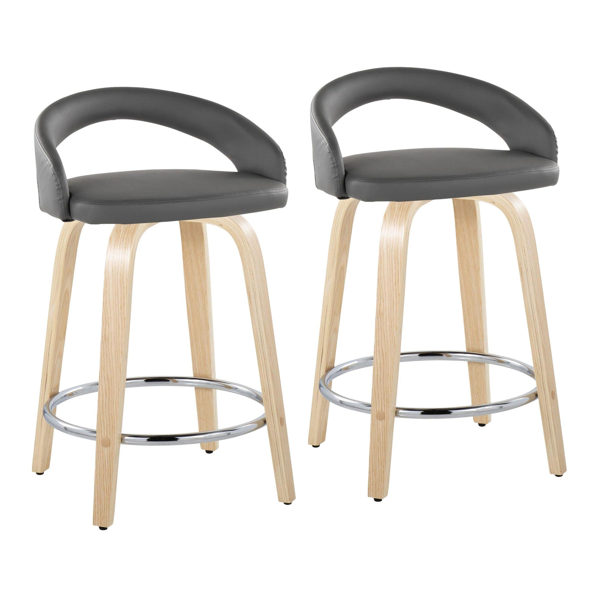 Grotto Upholstered 24" Fixed-Height Counter Stool - Set of 2 - Natural Wood, Grey PU, Chrome Metal