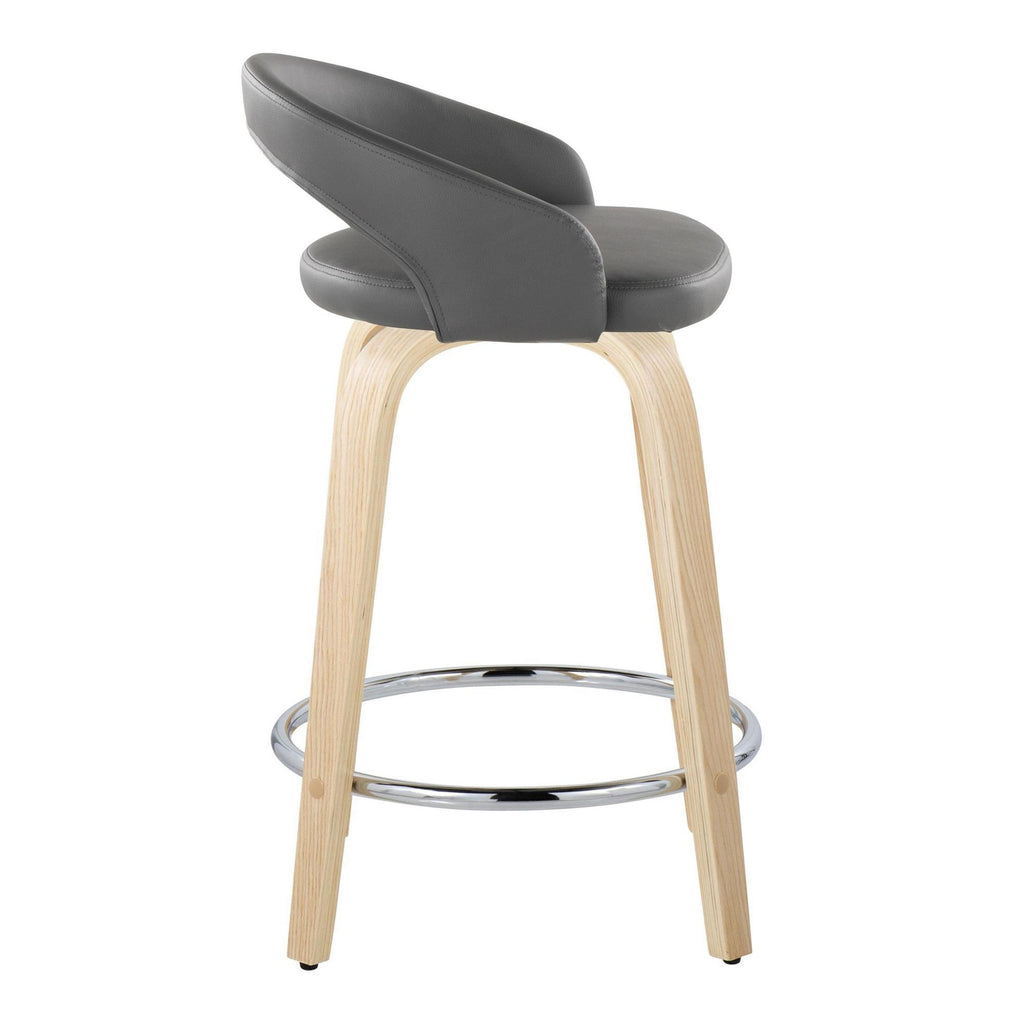 Grotto Upholstered 24" Fixed-Height Counter Stool - Set of 2 - Natural Wood, Grey PU, Chrome Metal