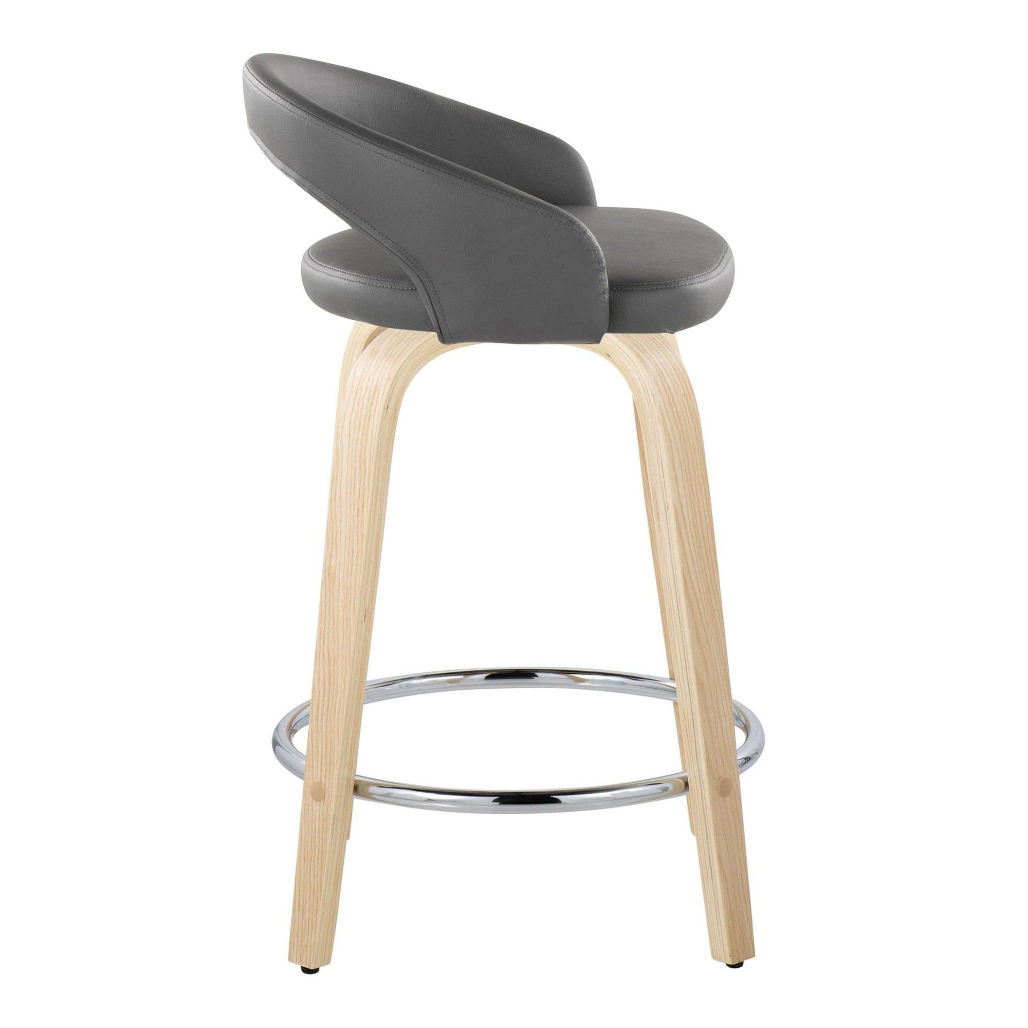 Grotto Upholstered 24" Fixed-Height Counter Stool - Set of 2 - Natural Wood, Grey PU, Chrome Metal