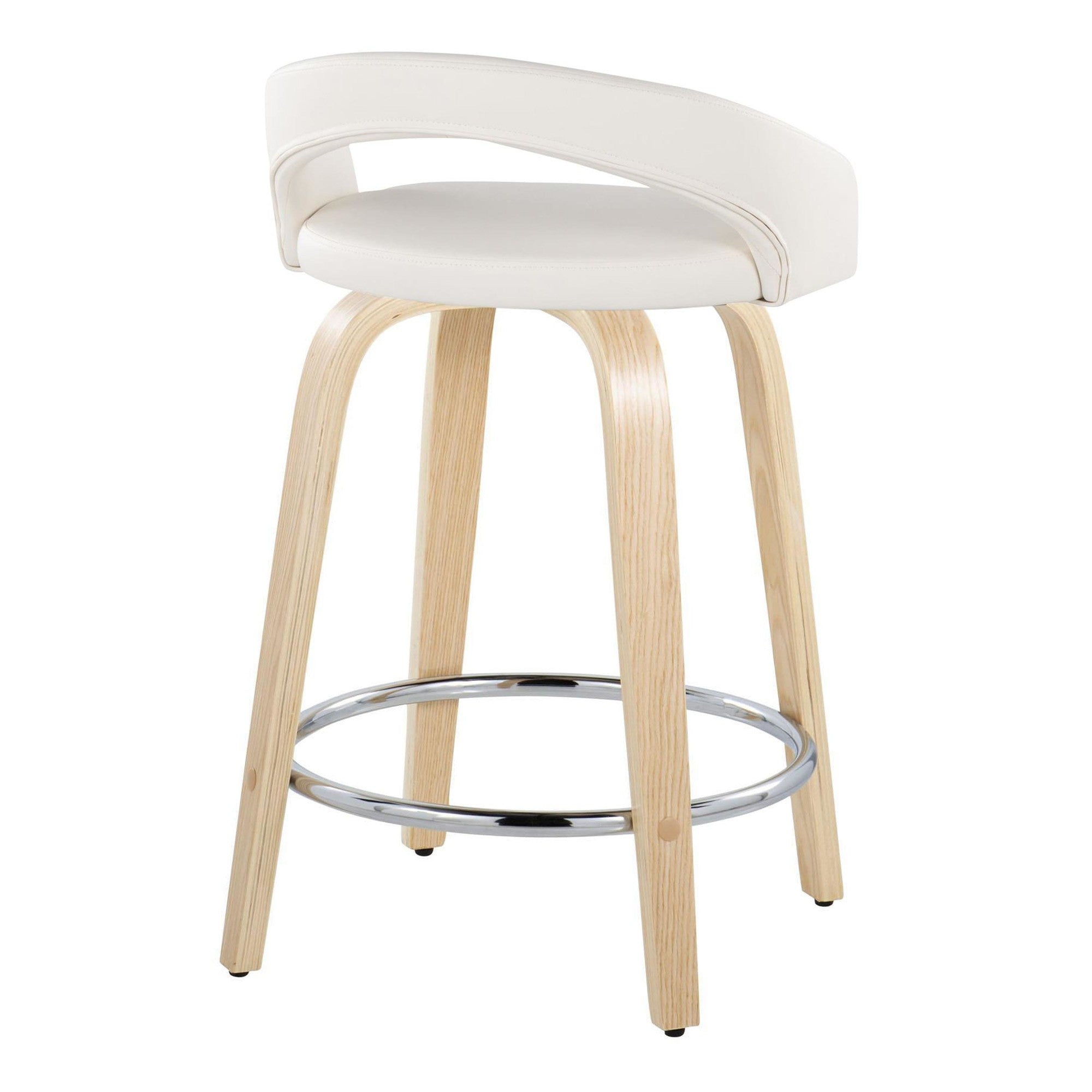 Grotto Upholstered 24" Fixed-Height Counter Stool - Set of 2 - Natural Wood, White PU, Chrome Metal