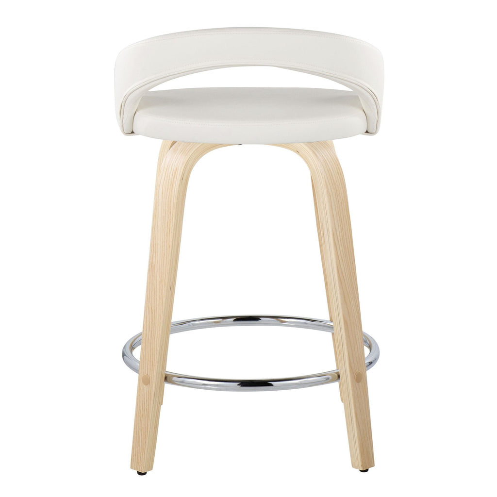 Grotto Upholstered 24" Fixed-Height Counter Stool - Set of 2 - Natural Wood, White PU, Chrome Metal