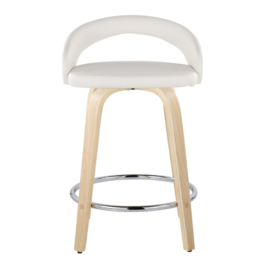Grotto Upholstered 24" Fixed-Height Counter Stool - Set of 2 - Natural Wood, White PU, Chrome Metal
