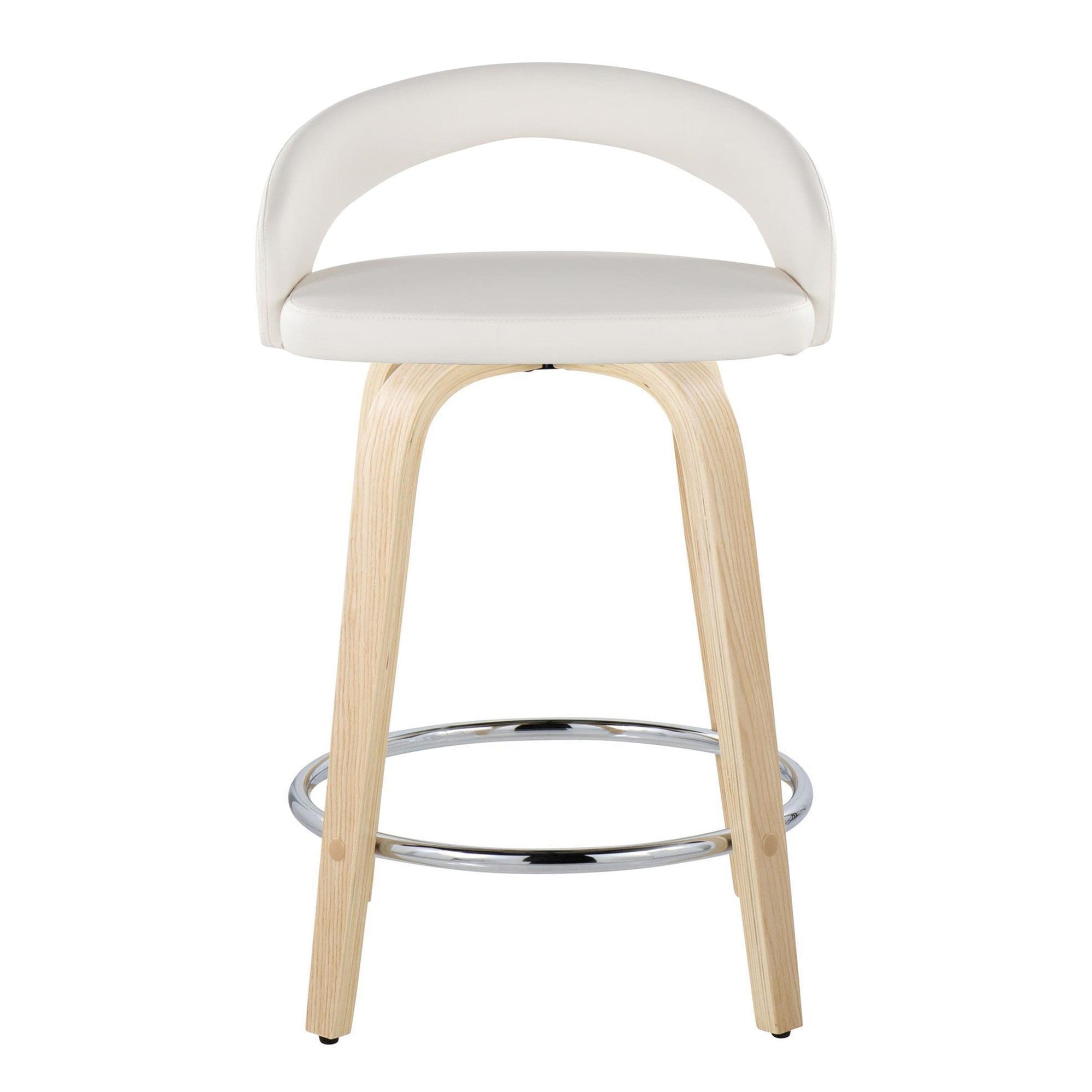 Grotto Upholstered 24" Fixed-Height Counter Stool - Set of 2 - Natural Wood, White PU, Chrome Metal