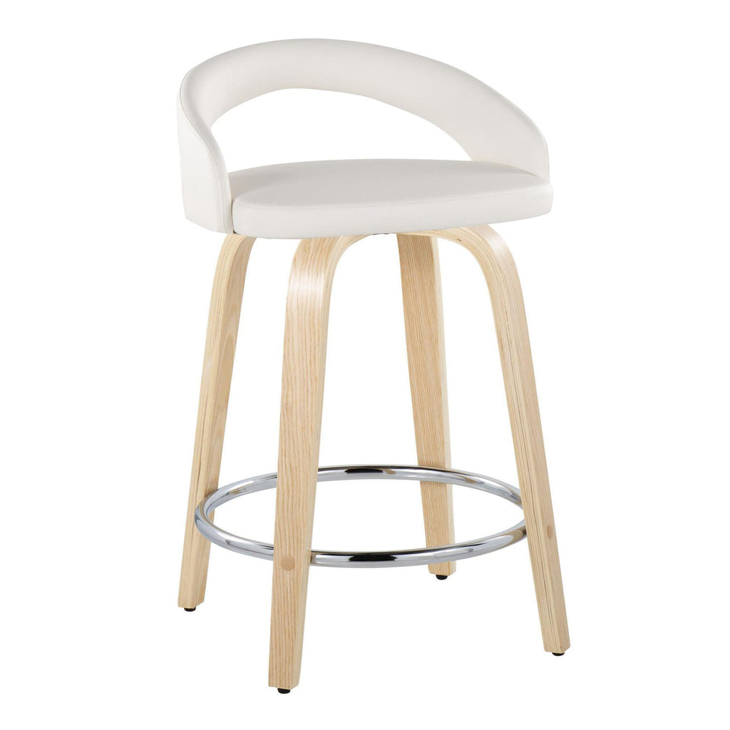 Grotto Upholstered 24" Fixed-Height Counter Stool - Set of 2 - Natural Wood, White PU, Chrome Metal