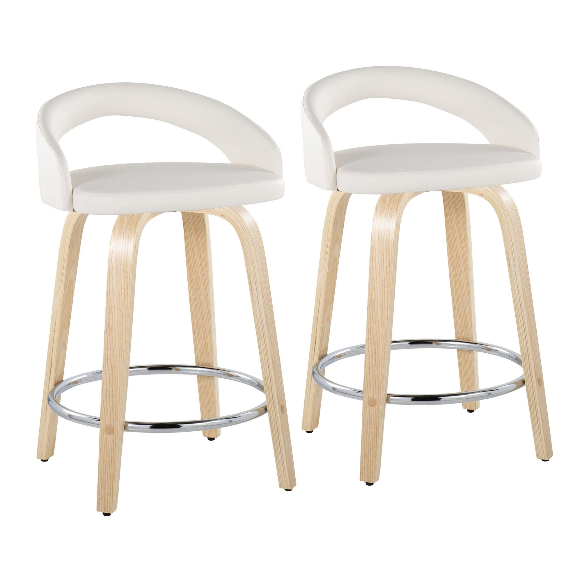 Grotto Upholstered 24" Fixed-Height Counter Stool - Set of 2 - Natural Wood, White PU, Chrome Metal