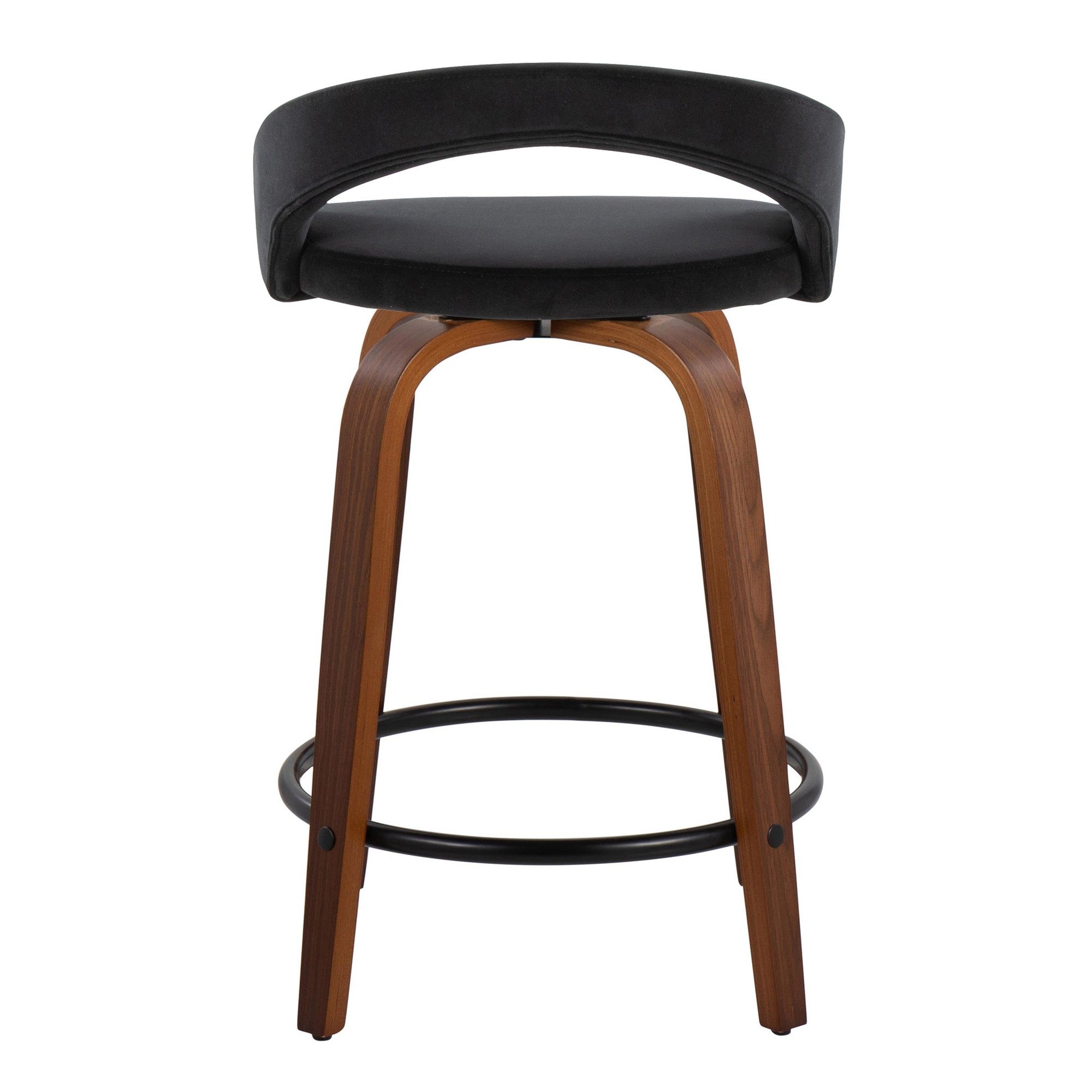 Grotto Upholstered 24" Fixed-Height Counter Stool - Set of 2 - Walnut Wood, Black Velvet, Black Metal