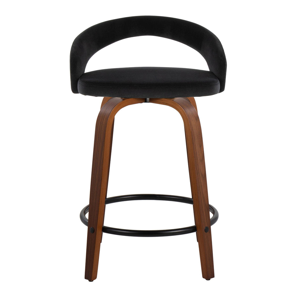 Grotto Upholstered 24" Fixed-Height Counter Stool - Set of 2 - Walnut Wood, Black Velvet, Black Metal